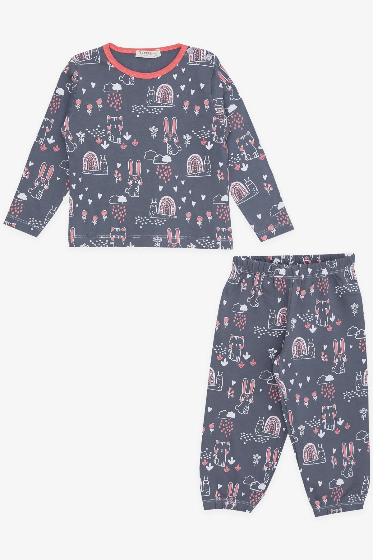Breeze Kız Bebek Pijama Takımı Hayvancık Desenli Doğa Temalı Füme (9 Ay-3 Yaş)