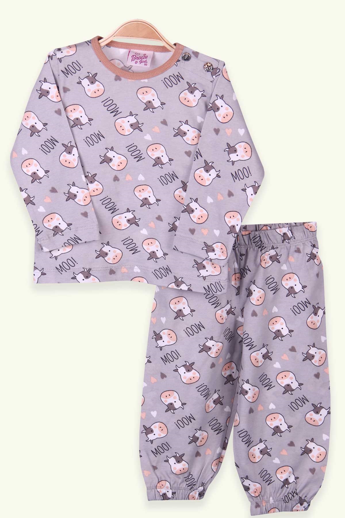 Breeze Kız Bebek Pijama Takımı İnek Desenli Gri (1-1.5 Yaş)