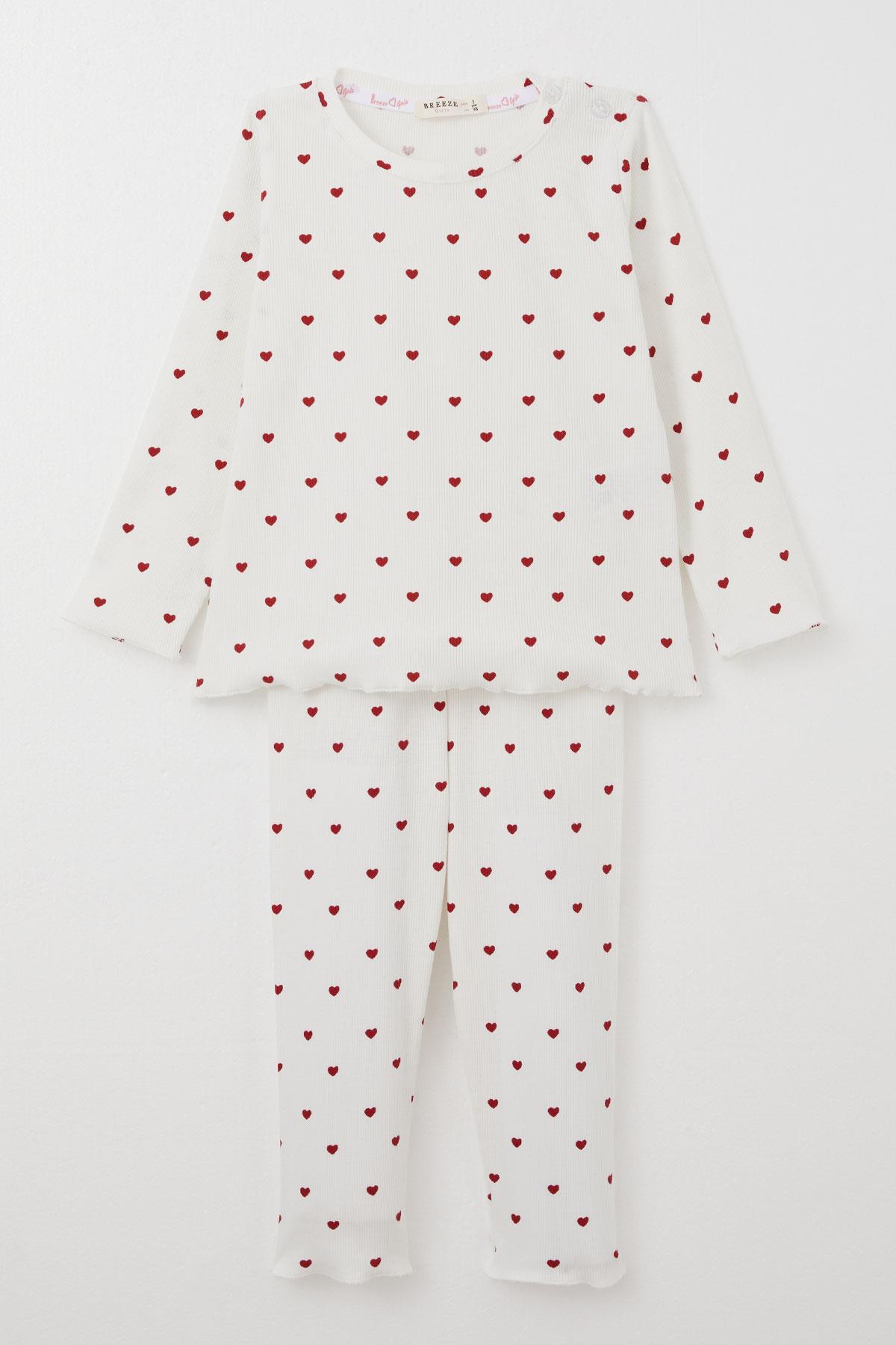 Breeze Kız Bebek Pijama Takımı Kalp Desenli Ekru (9 Ay-3 Yaş)