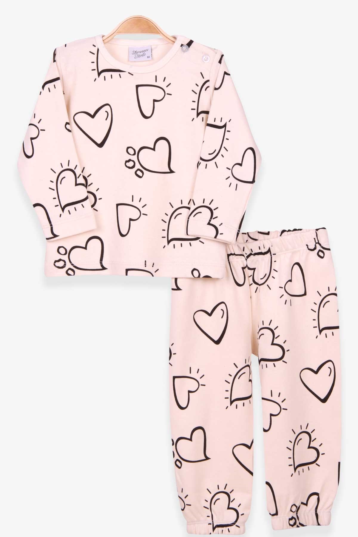 Breeze Kız Bebek Pijama Takımı Kalp Desenli Krem (9 Ay-3 Yaş)