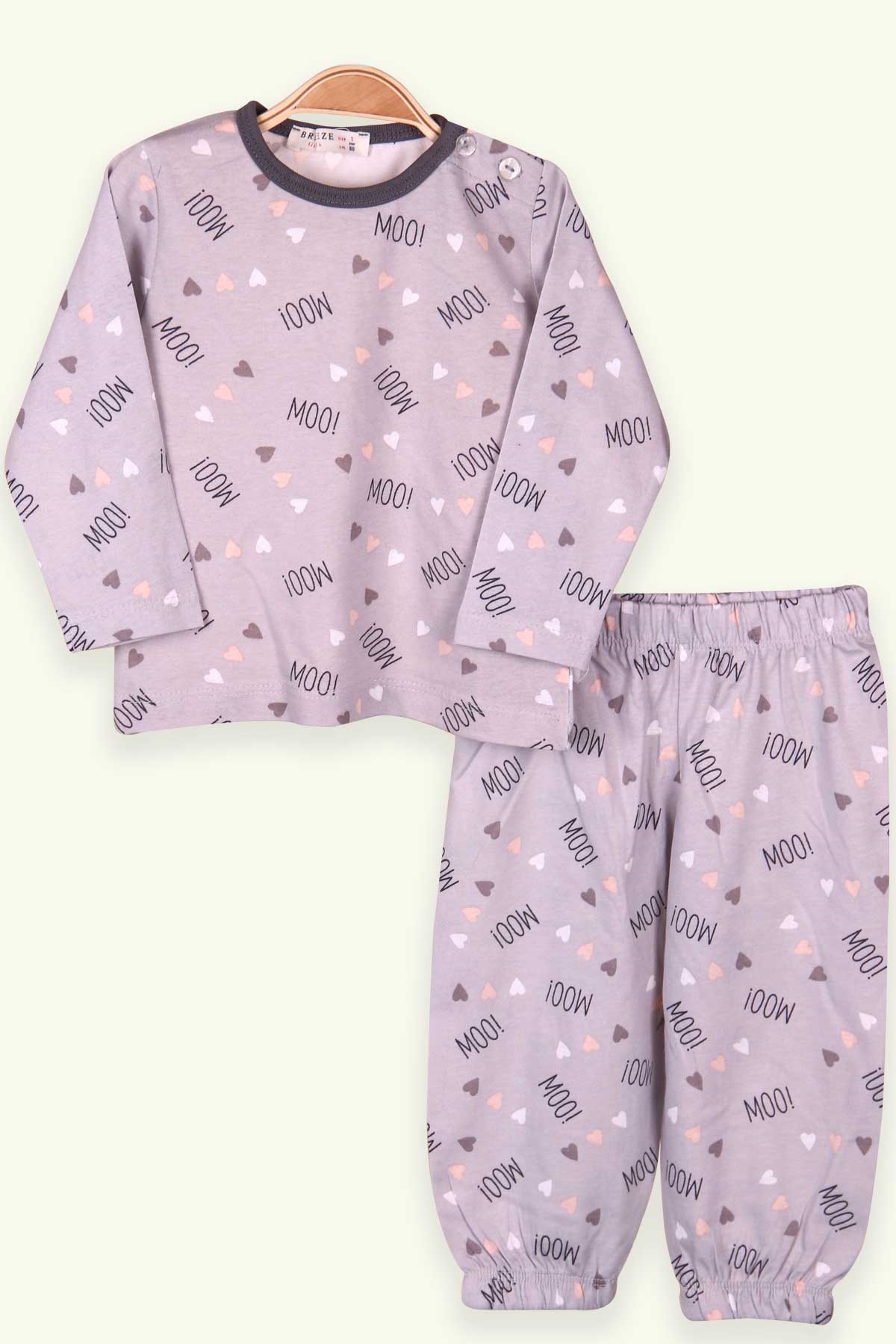 Breeze Kız Bebek Pijama Takımı Kalpli Gri (9 Ay-3 Yaş)