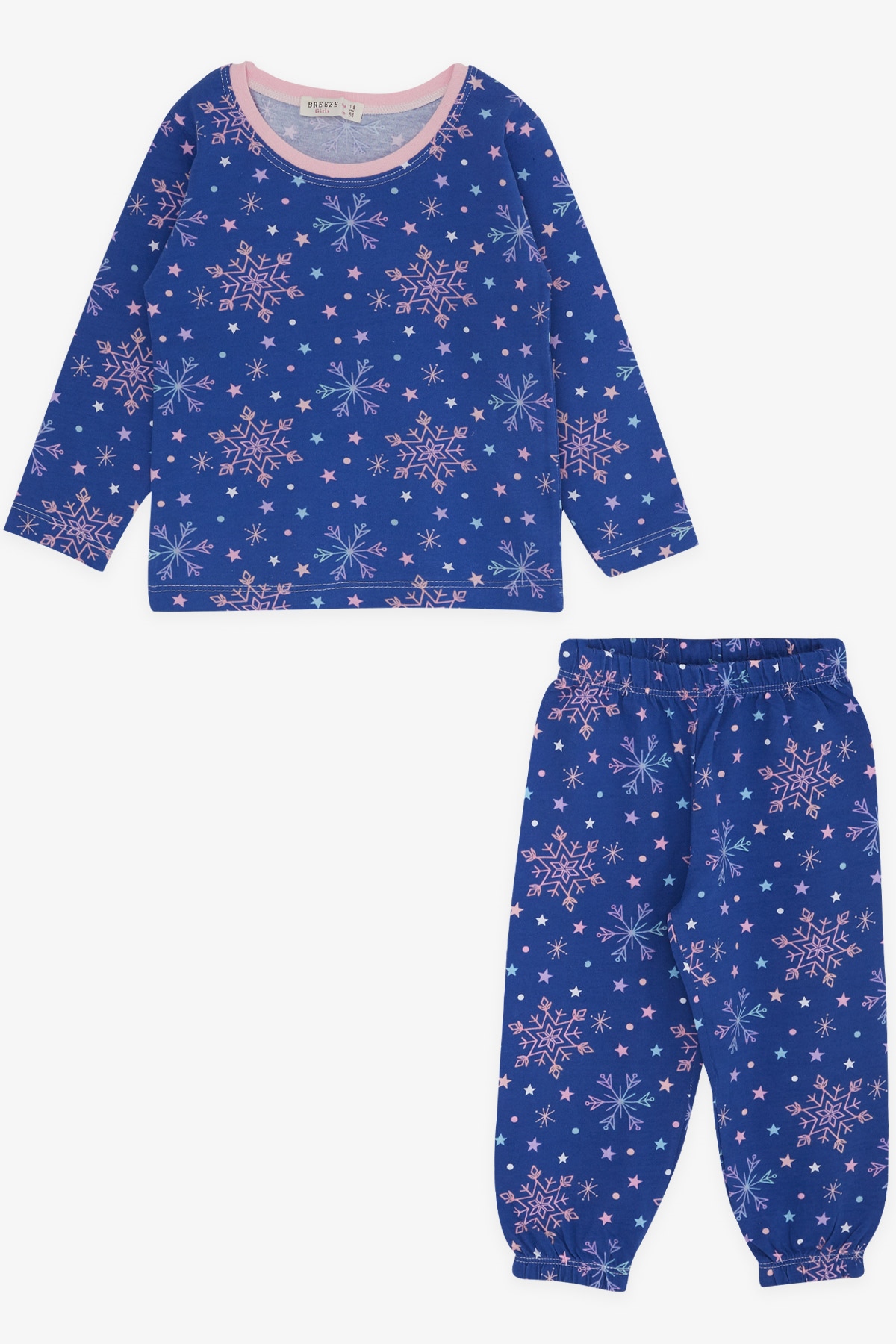 Breeze Kız Bebek Pijama Takımı Kar Kristal Desenli Saks Mavisi (9 Ay-1.5 Yaş)