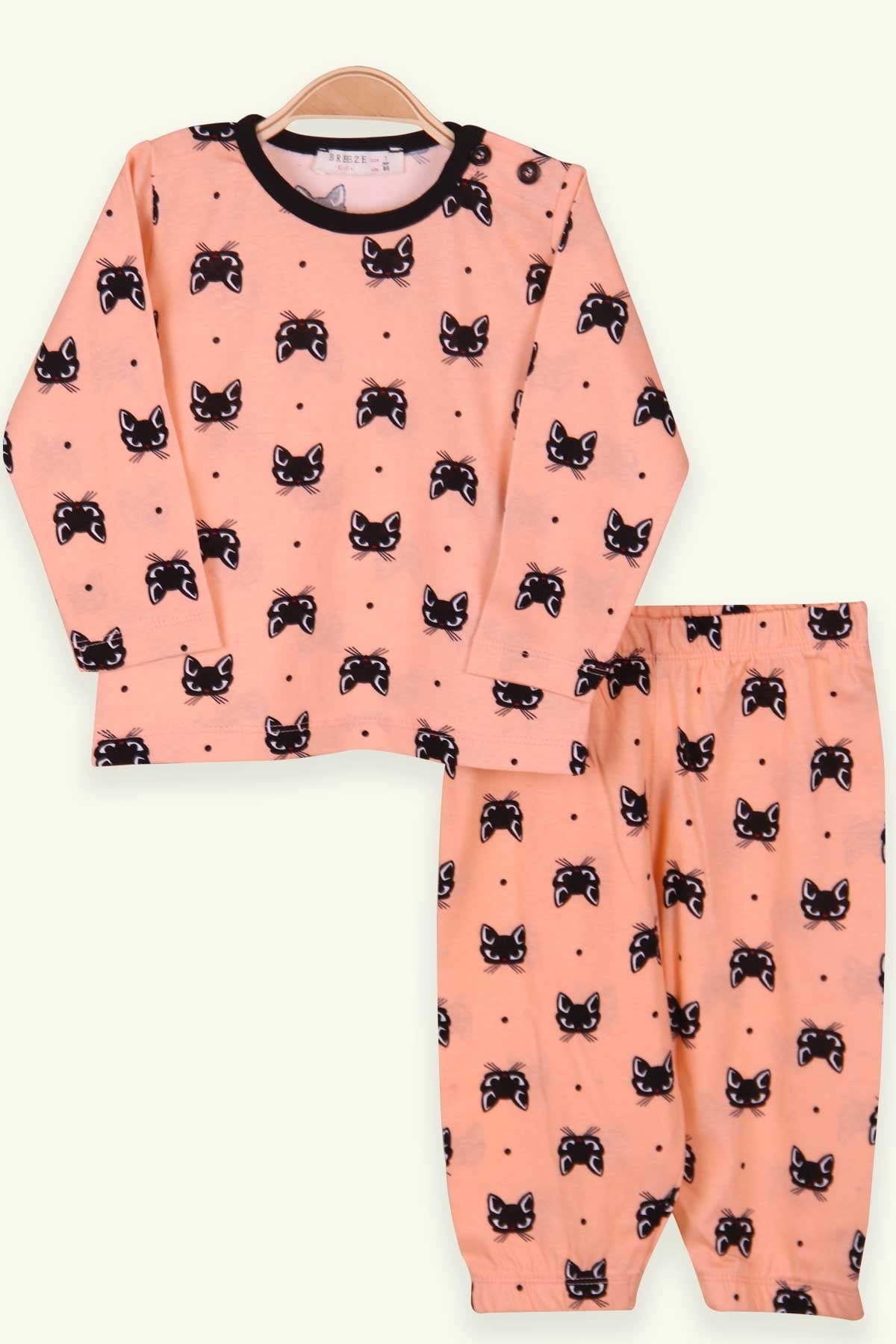 Breeze Kız Bebek Pijama Takımı Kedili Somon (9 Ay-3 Yaş)