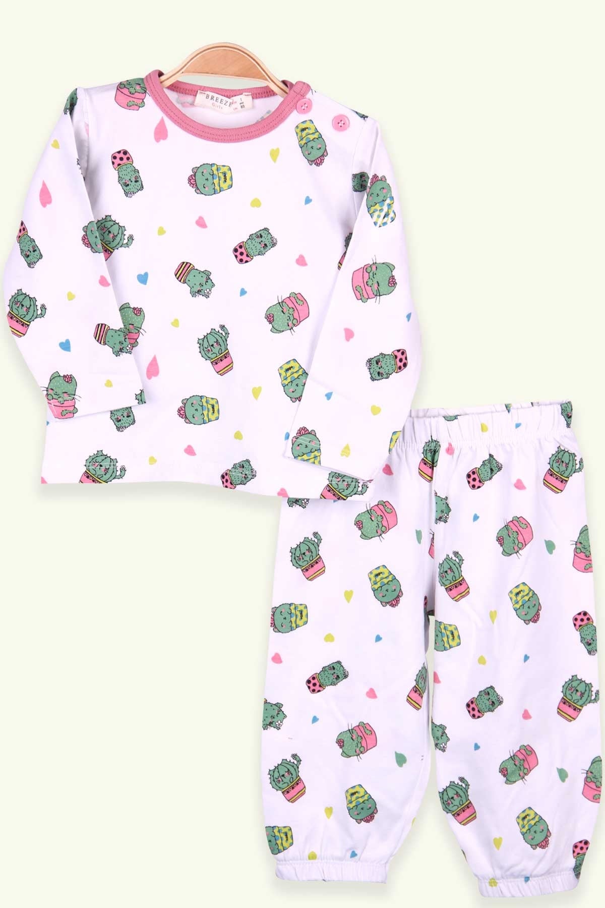 Breeze Kız Bebek Pijama Takımı Kedili Kaktüs Desenli Beyaz (9 Ay-3 Yaş)