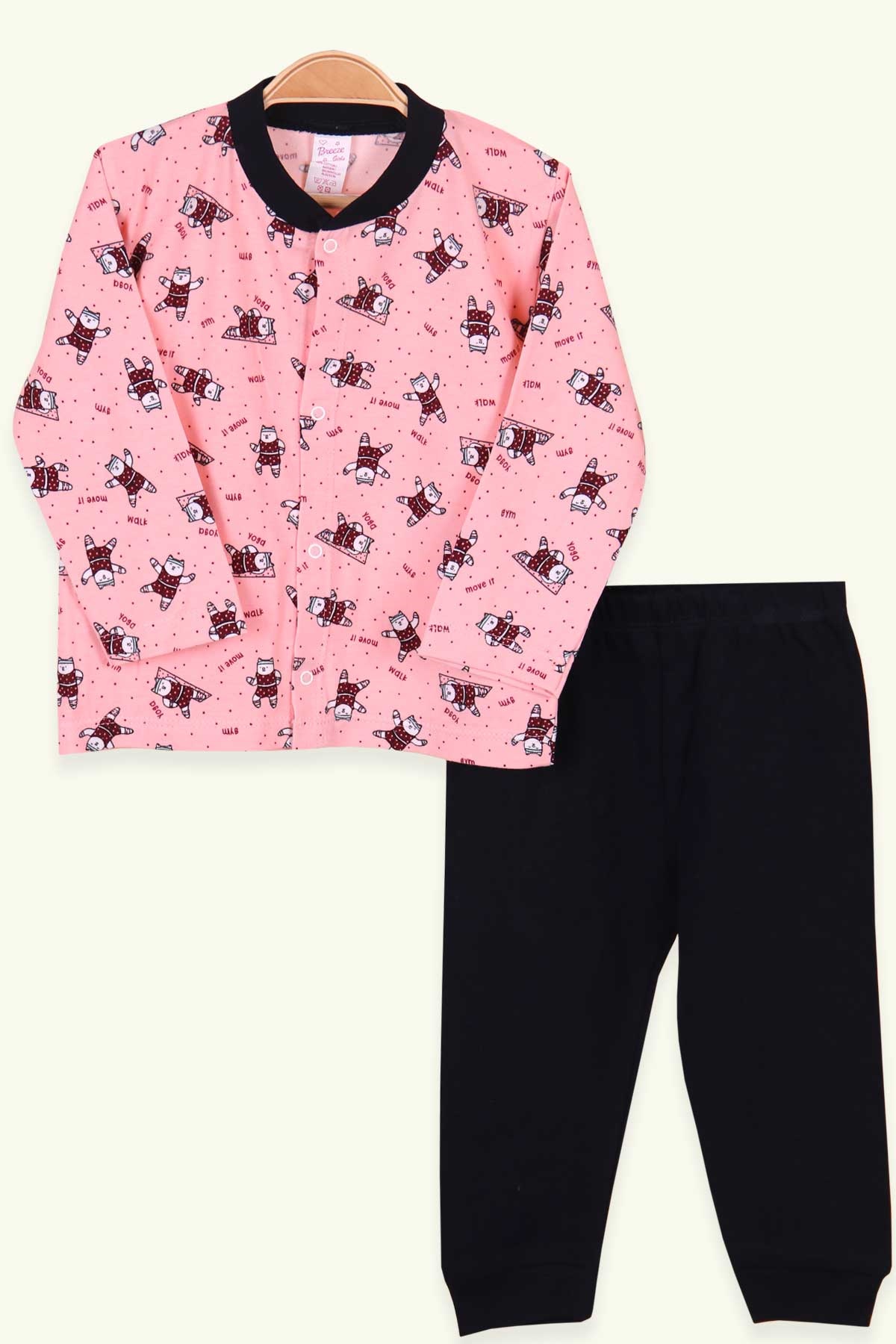 Breeze Kız Bebek Pijama Takımı Kedili Somon (0-3 Ay-9 Ay)