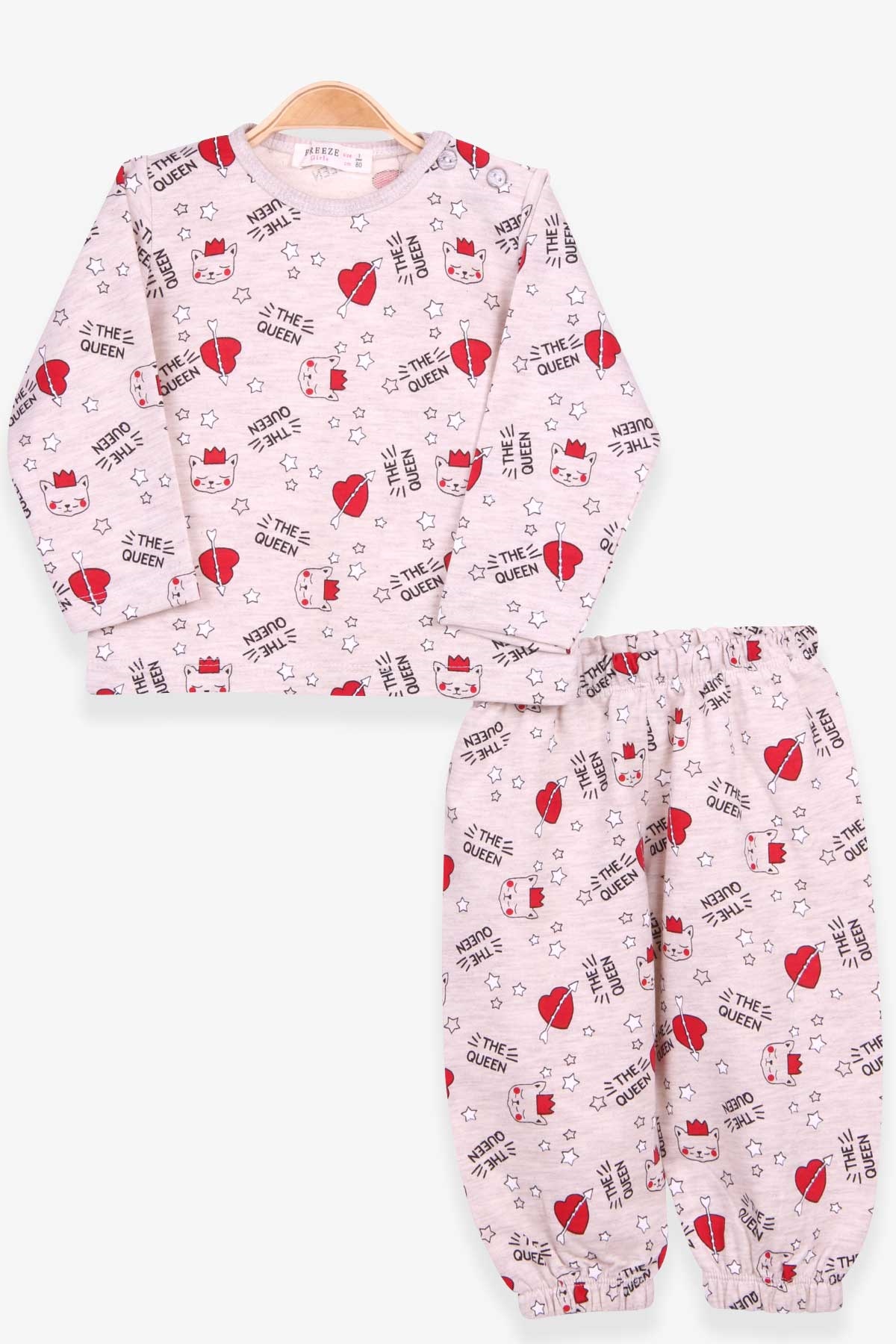 Breeze Kız Bebek Pijama Takımı Kraliçe Kedicik Baskılı Bej Melanj (9 Ay-3 Yaş)