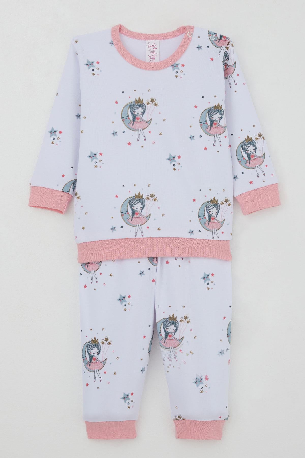 Breeze Kız Bebek Pijama Takımı Omuzdan Patlı Hayalci Kız Desenli Beyaz (4 Ay-1 Yaş)