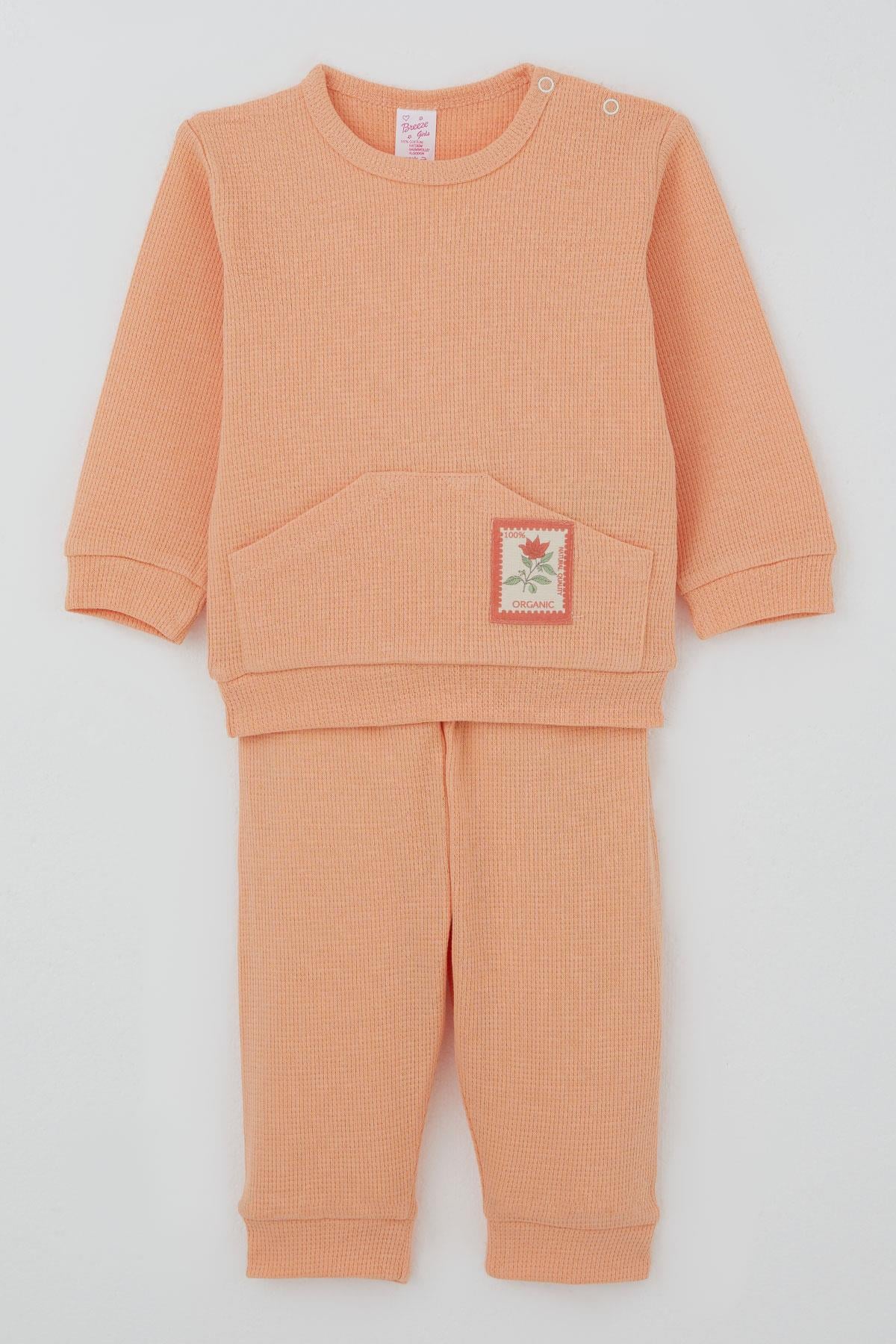 Breeze Kız Bebek Pijama Takımı Omuzdan Patlı Çiçek Baskı Armalı Somon (4 Ay-1 Yaş)
