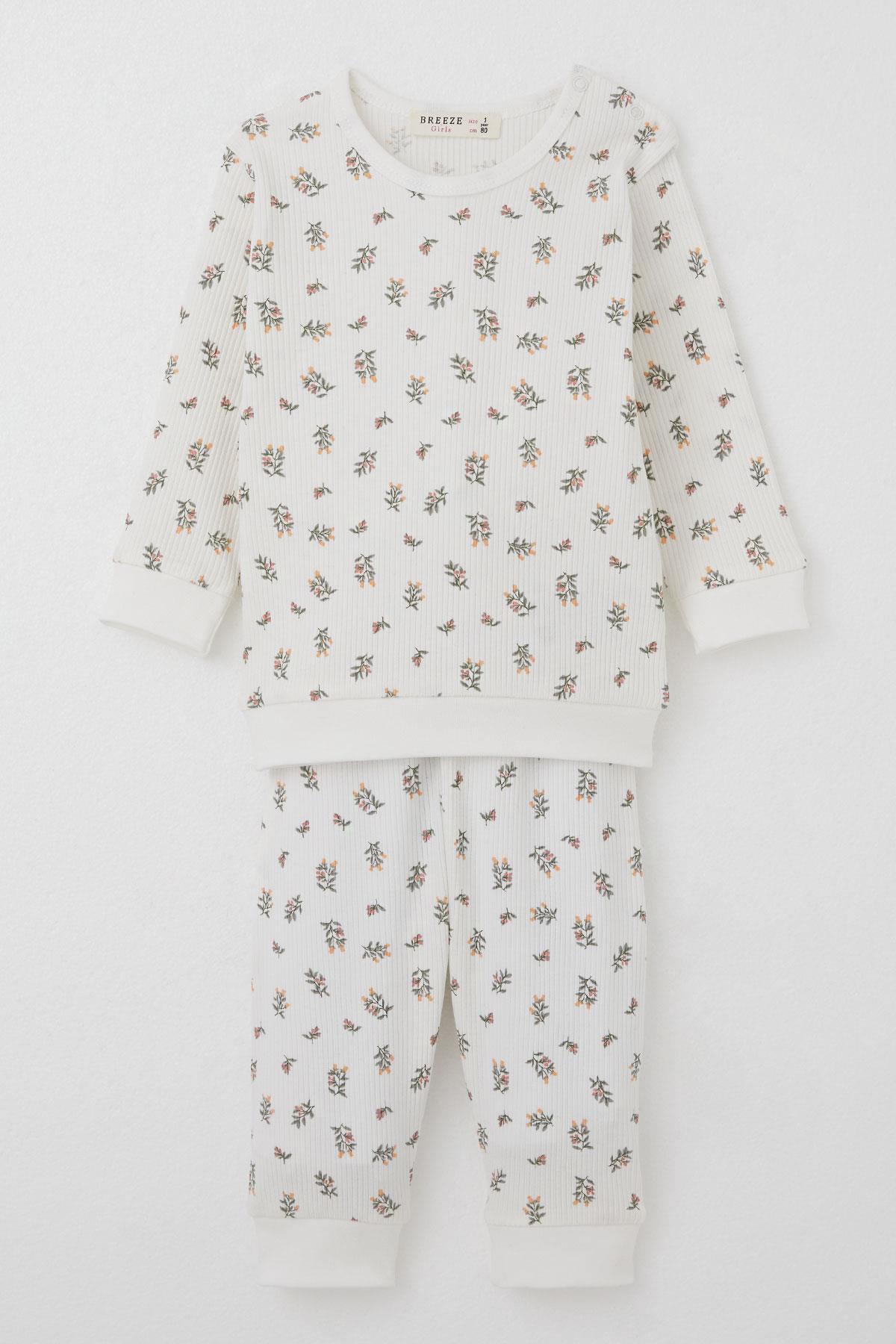 Breeze Kız Bebek Pijama Takımı Omuzdan Patlı Çiçek Desenli Ekru (4 Ay-1 Yaş)