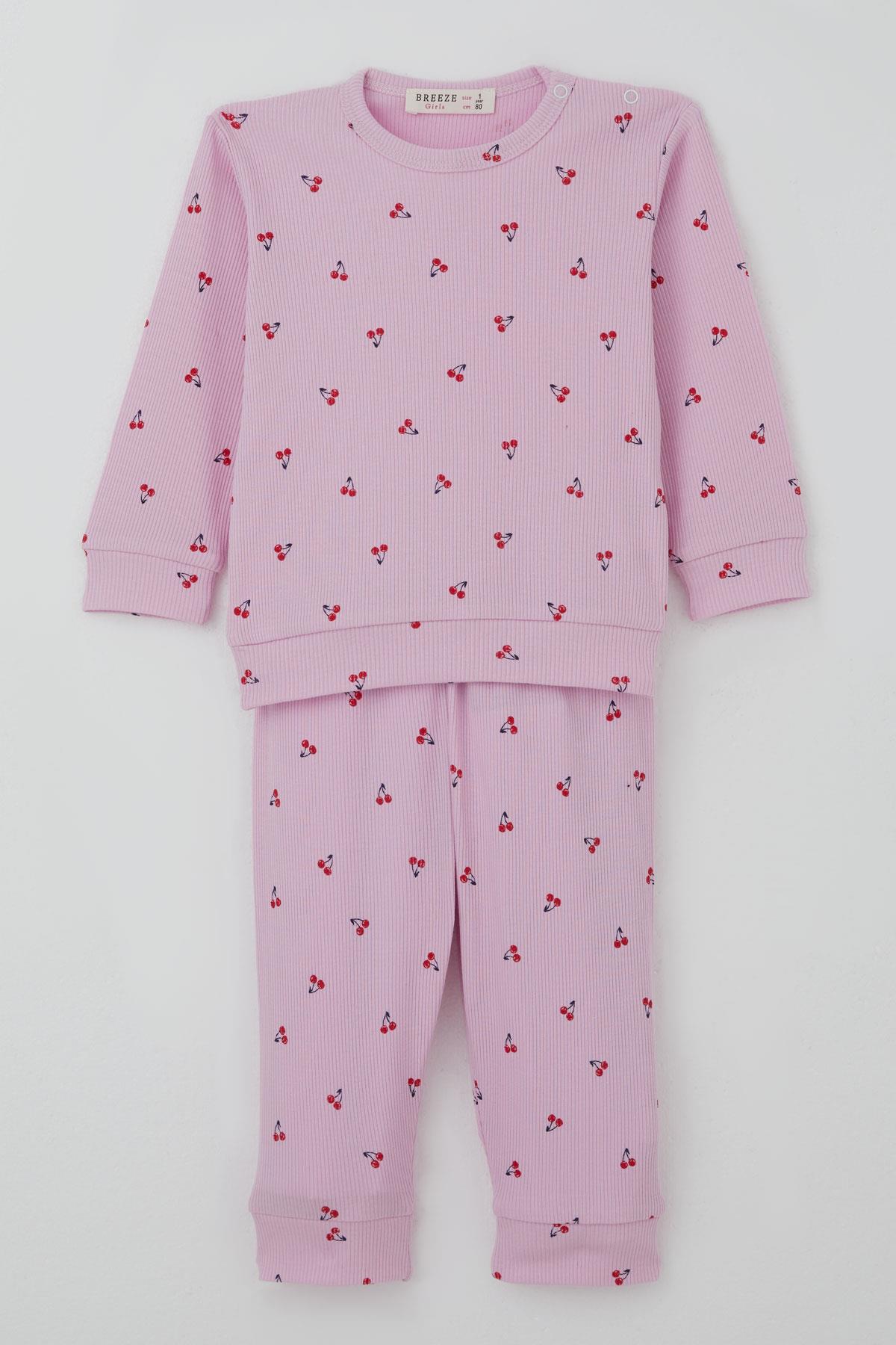 Breeze Kız Bebek Pijama Takımı Omuzdan Patlı Kiraz Desenli Pembe (4 Ay-1 Yaş)