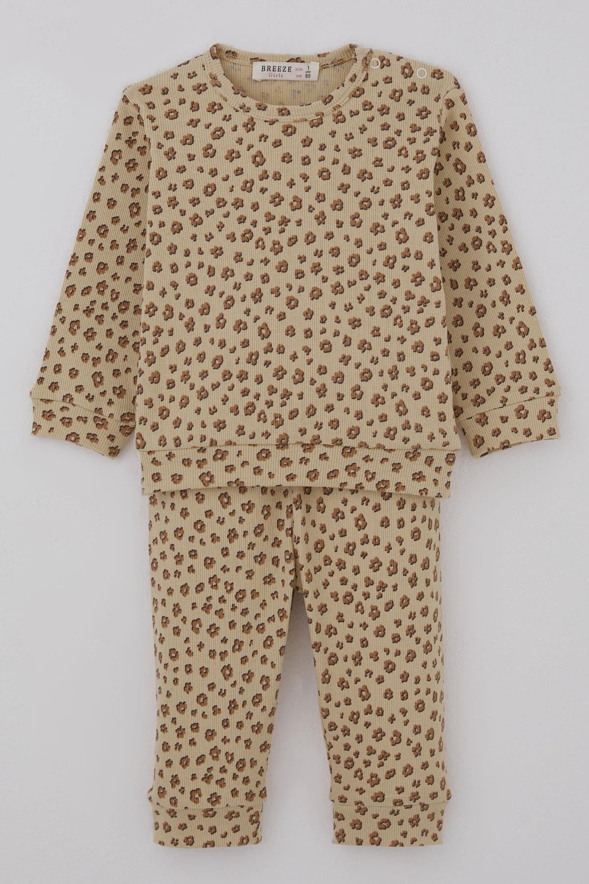 Breeze Kız Bebek Pijama Takımı Omuzdan Patlı Çiçek Desenli Bej (4 Ay-1 Yaş)