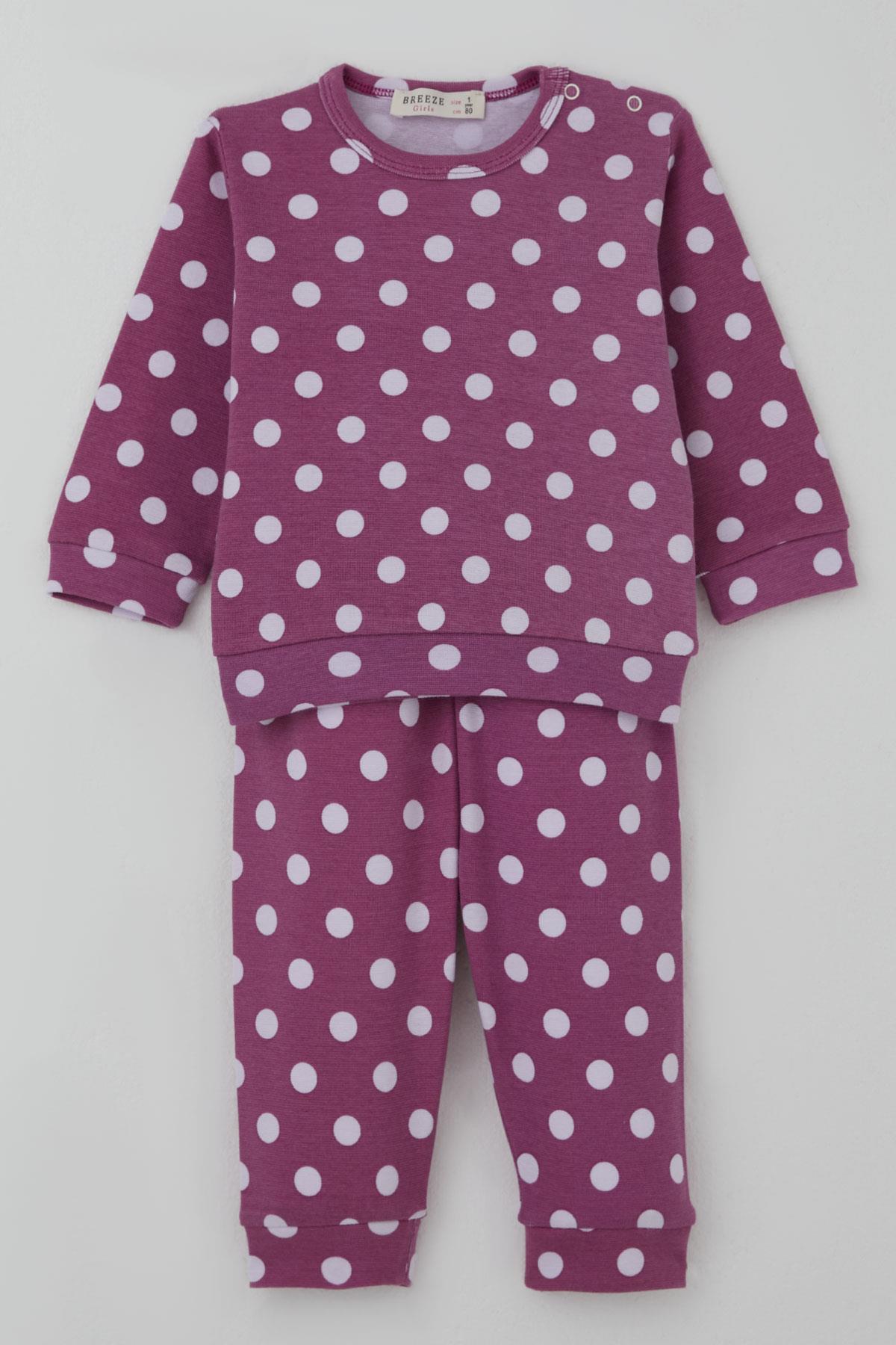 Breeze Kız Bebek Pijama Takımı Omuzdan Patlı Beyaz Puantiye Desenli Eflatun (4 Ay-1 Yaş)