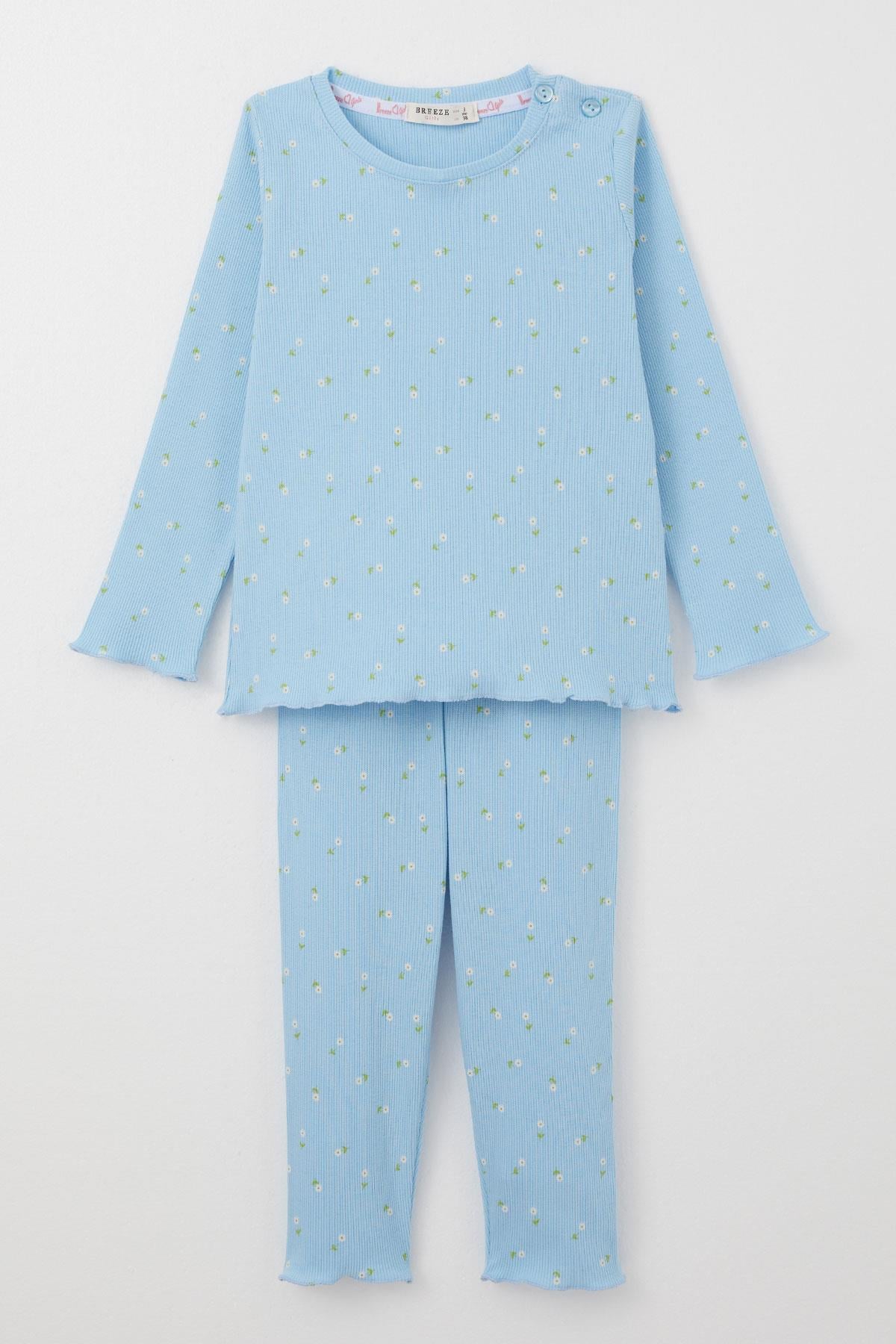 Breeze Kız Bebek Pijama Takımı Papatya Desenli Açık Mavi (9 Ay-3 Yaş)