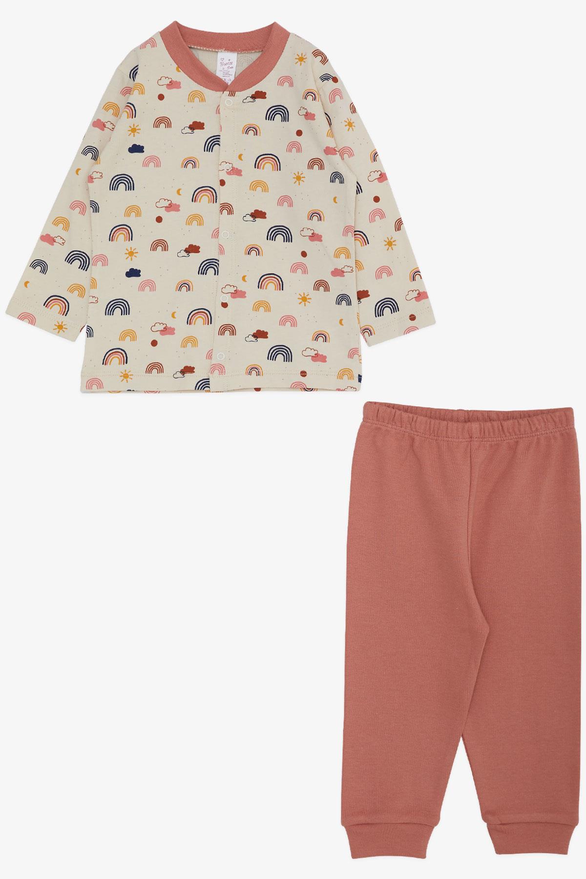 Breeze Kız Bebek Pijama Takımı Renkli Gökkuşağı Desenli Bej (4 Ay-1 Yaş)