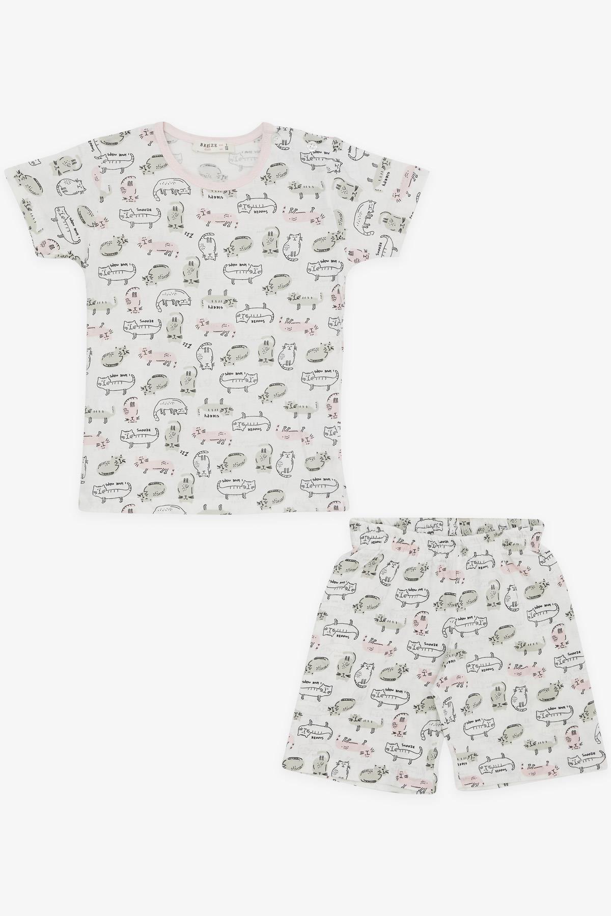 Breeze Kız Bebek Pijama Takımı Renkli Kedicik Desenli Beyaz (9 Ay-3 Yaş)
