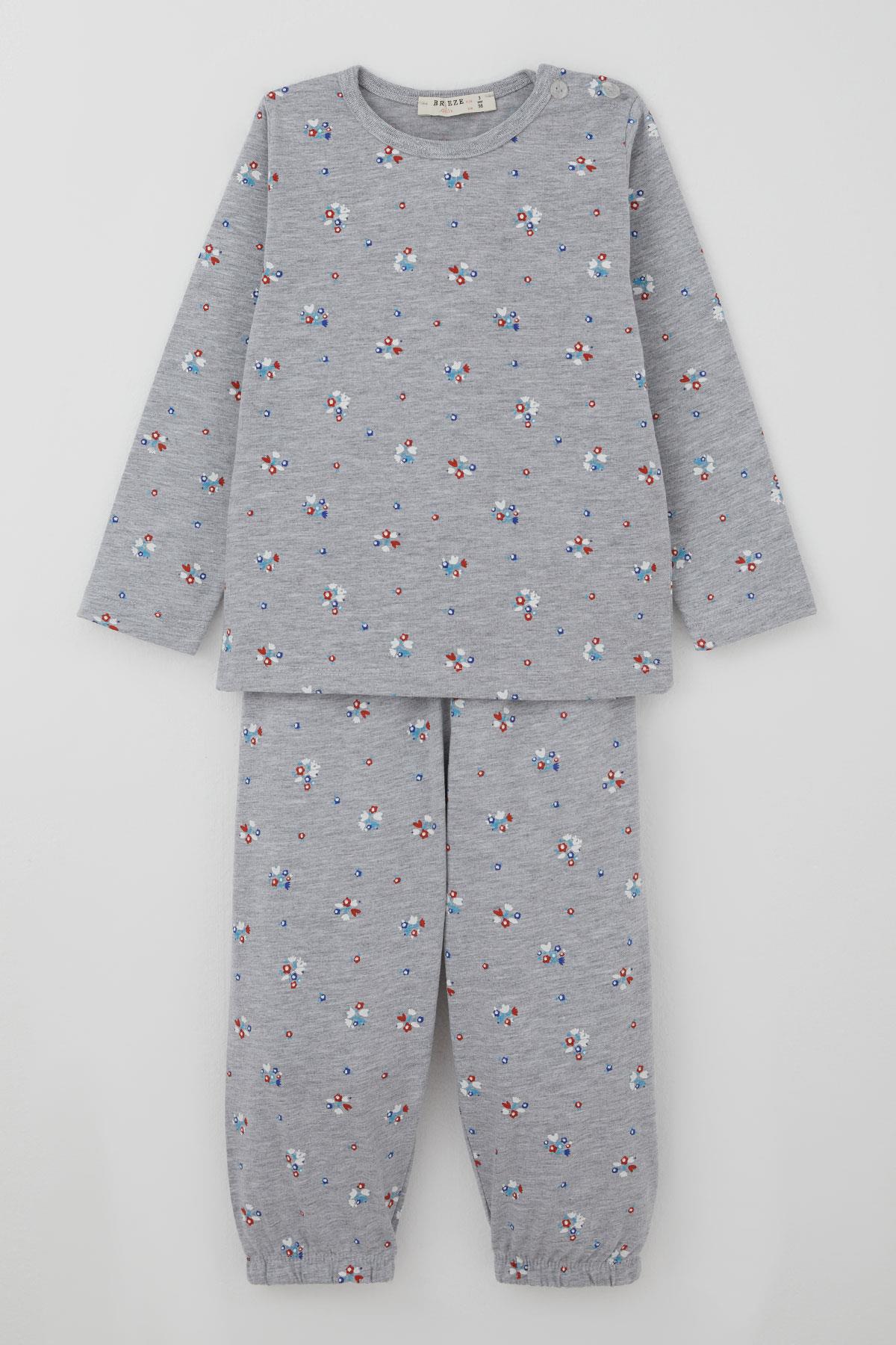 Breeze Kız Bebek Pijama Takımı Renkli Çiçek Desenli Gri Melanj (9 Ay-3 Yaş)