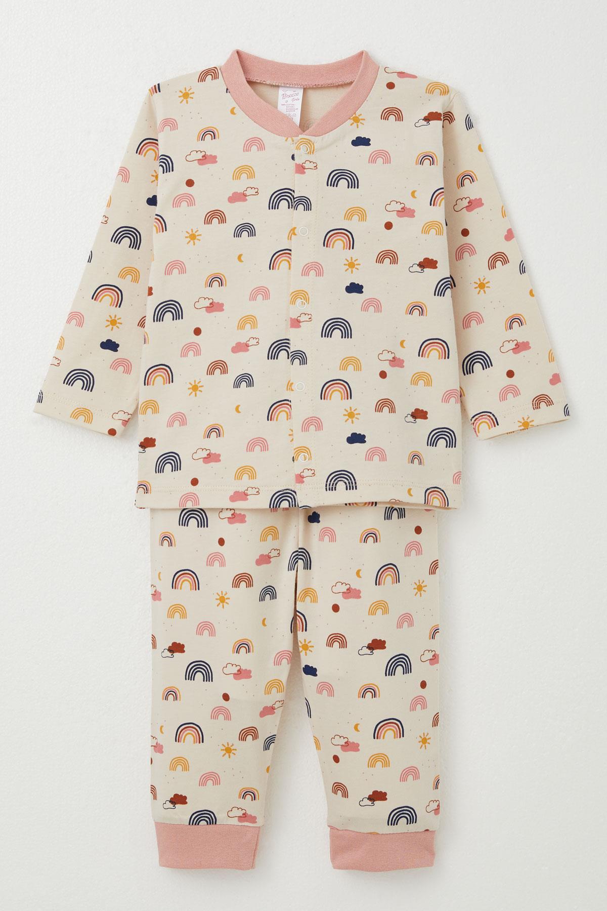 Breeze Kız Bebek Pijama Takımı Renkli Gökkuşağı Desenli Somon (4 Ay-1 Yaş)