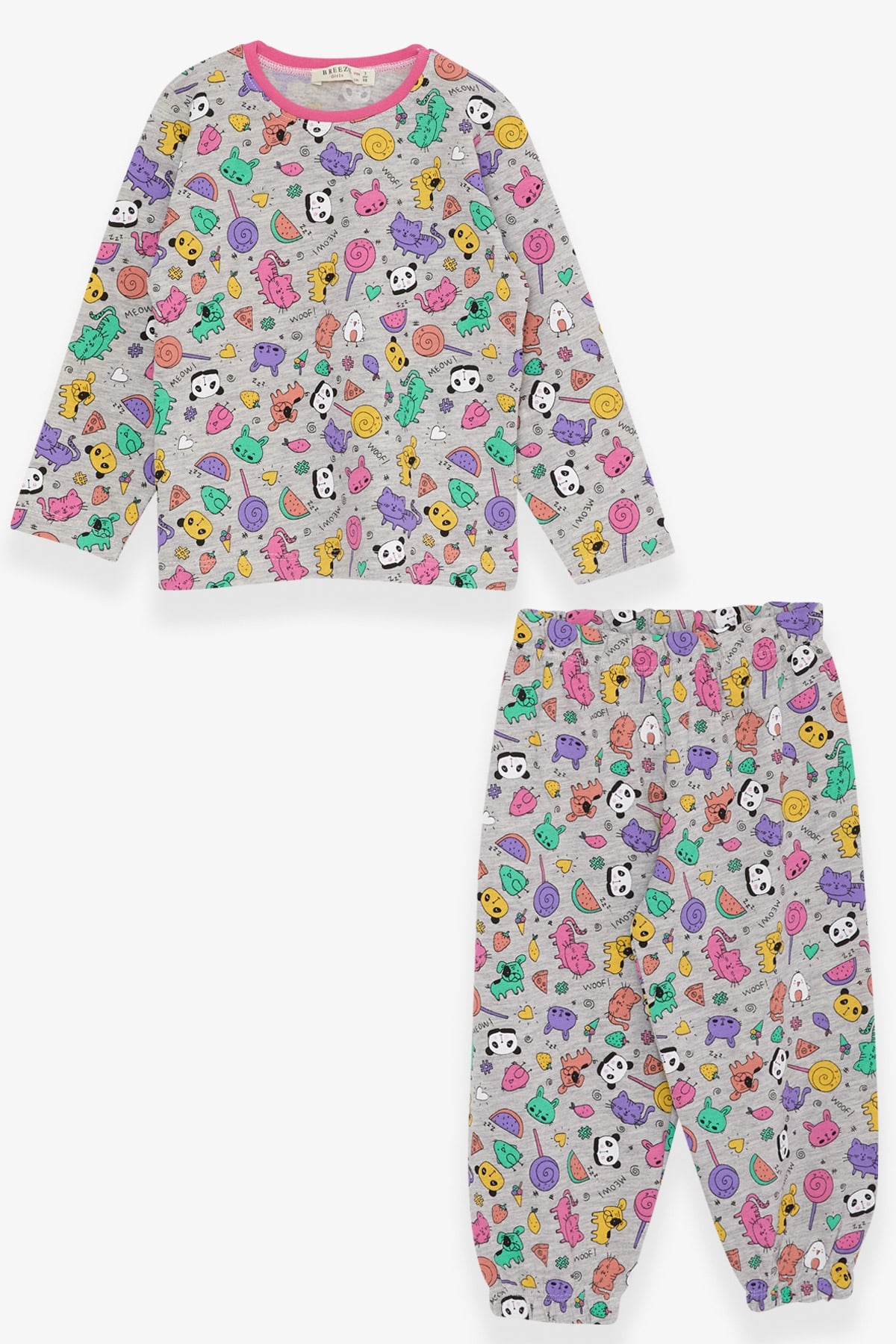 Breeze Kız Bebek Pijama Takımı Şeker Desenli Açık Gri Melanj (9 Ay-3 Yaş)