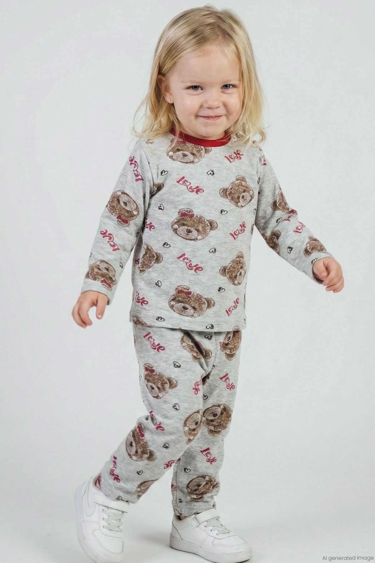 Breeze Kız Bebek Pijama Takımı Sevgi Temalı Fiyonklu Ayıcık Desenli Açık Gri Melanj (9 Ay-3 Yaş)