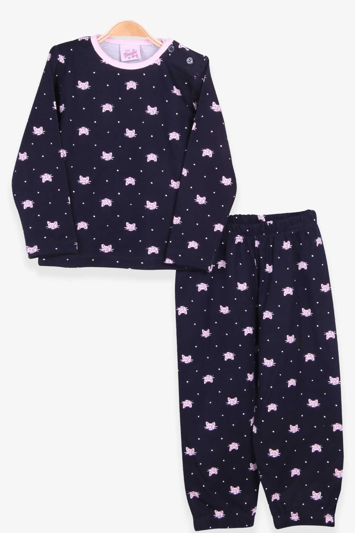 Breeze Kız Bebek Pijama Takımı Sevimli Kedicik Desenli Lacivert (9 Ay-3 Yaş)