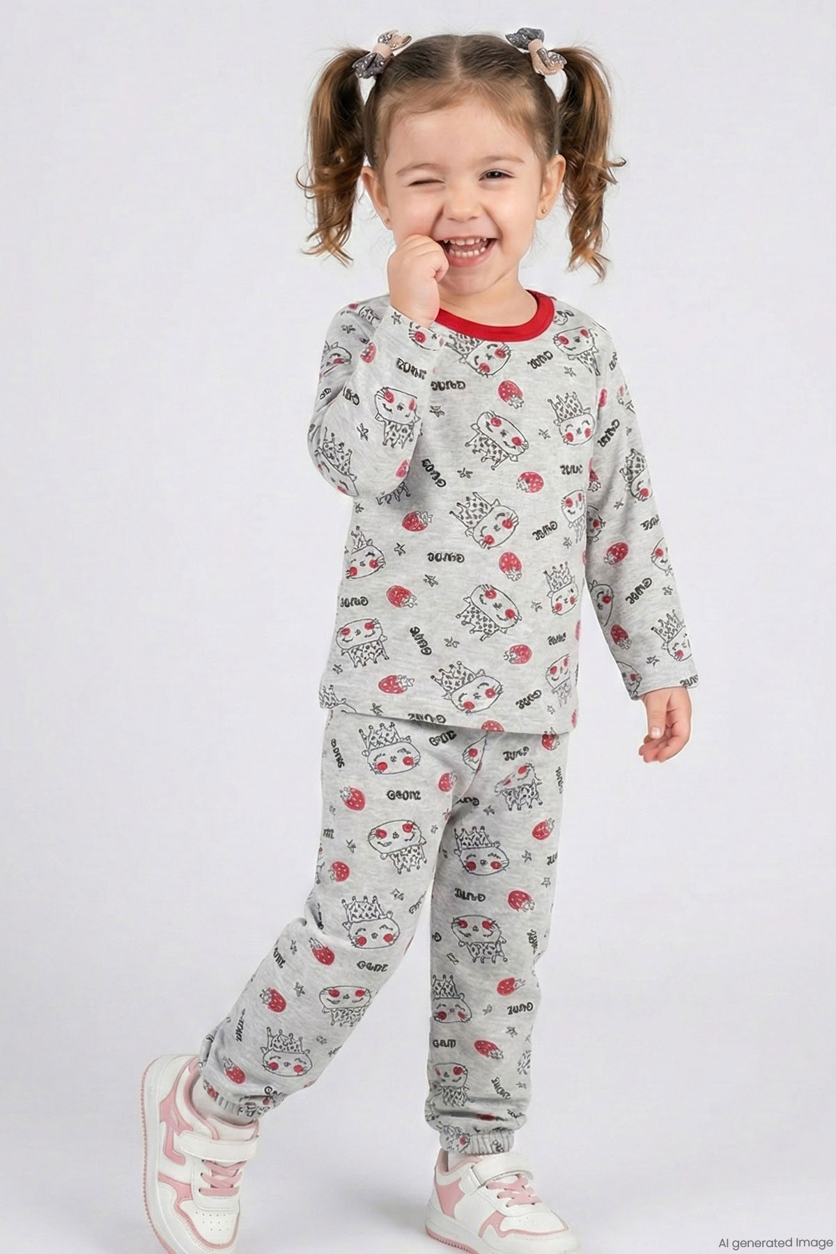 Breeze Kız Bebek Pijama Takımı Sevimli Kraliçe Desenli Çilekli Açık Gri Melanj (9 Ay-3 Yaş)