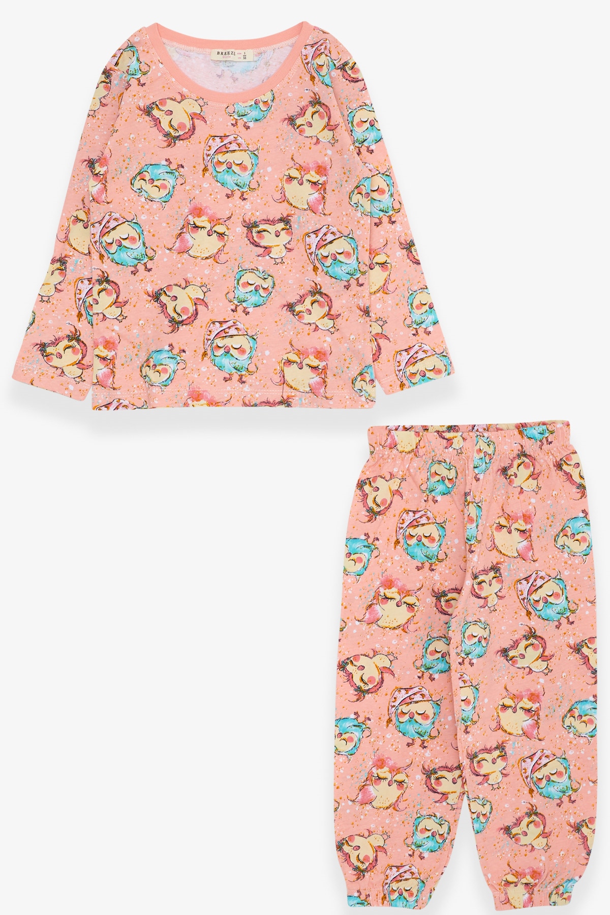 Breeze Kız Bebek Pijama Takımı Sevimli Baykuş Desenli Somon (9 Ay-3 Yaş)