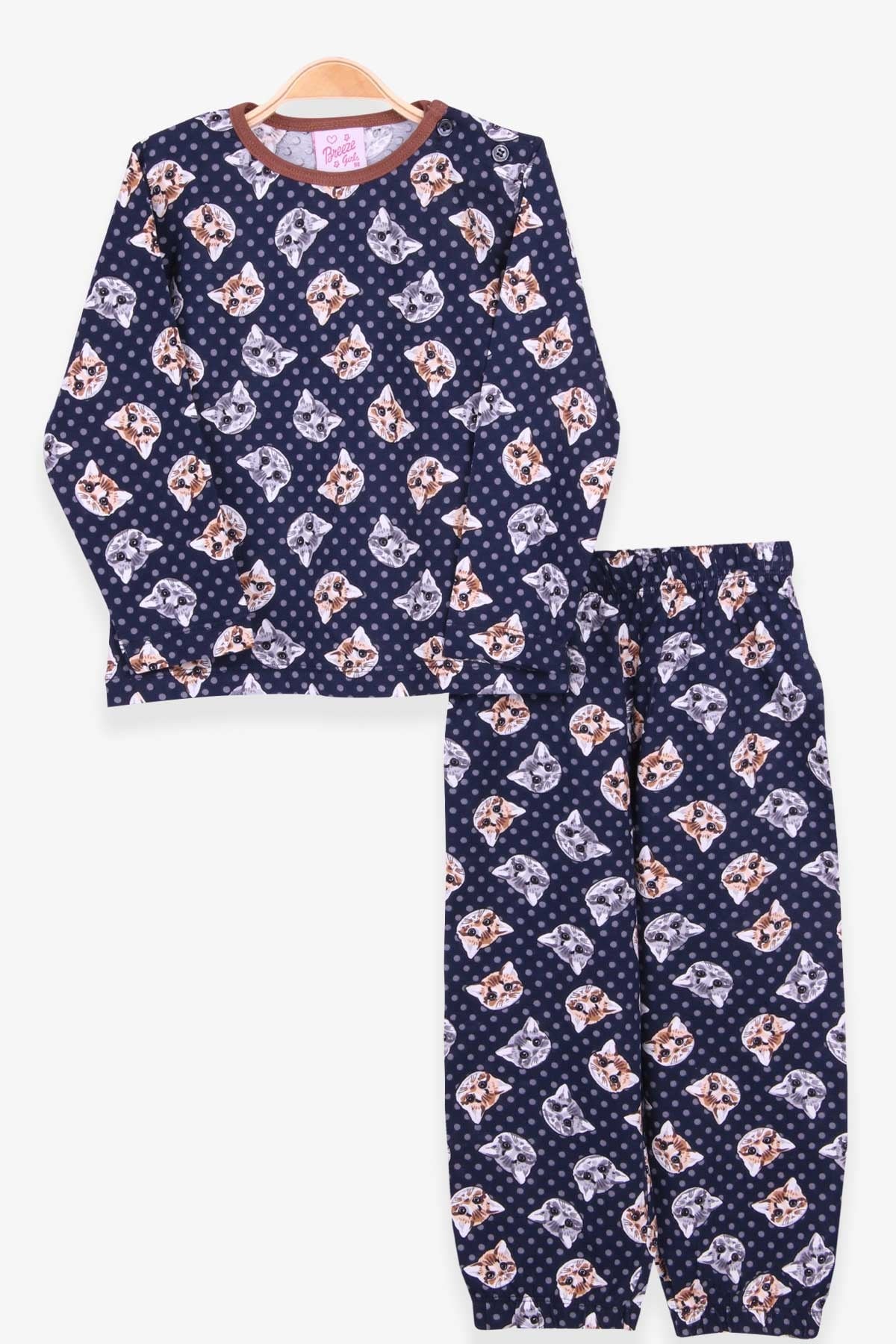 Breeze Kız Bebek Pijama Takımı Üzgün Kedicik Desenli Lacivert (9 Ay-3 Yaş)