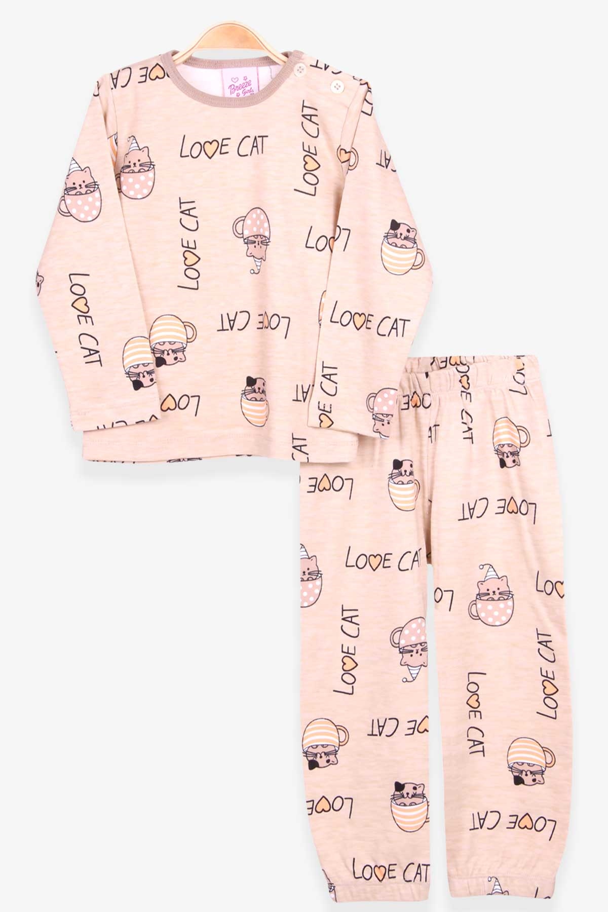 Breeze Kız Bebek Pijama Takımı Yaramaz Kedicik Desenli Bej Melanj (9 Ay-3 Yaş)