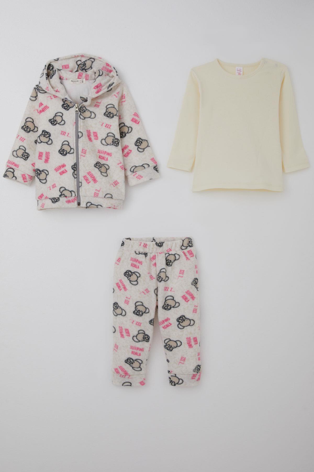 Breeze Kız Bebek Polar 3 lü Bodyli Takım Uykucu Koala Desenli Kapüşonlu Bej Melanj (4 Ay-1 Yaş)