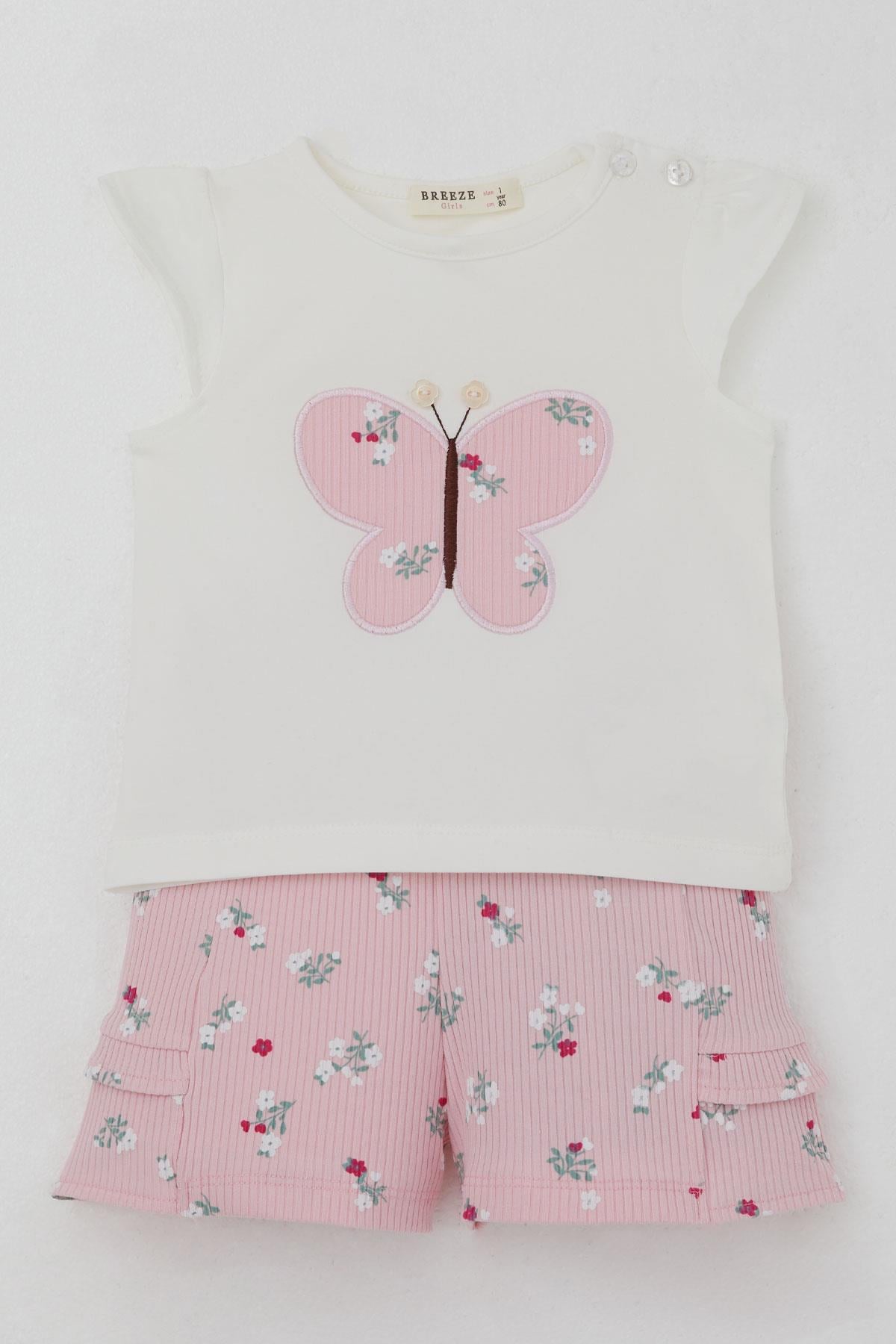 Breeze Kız Bebek Şortlu Takım Çiçek Baskılı Kelebek Nakışlı Düğme Aksesuarlı Ekru (6 Ay-2 Yaş)