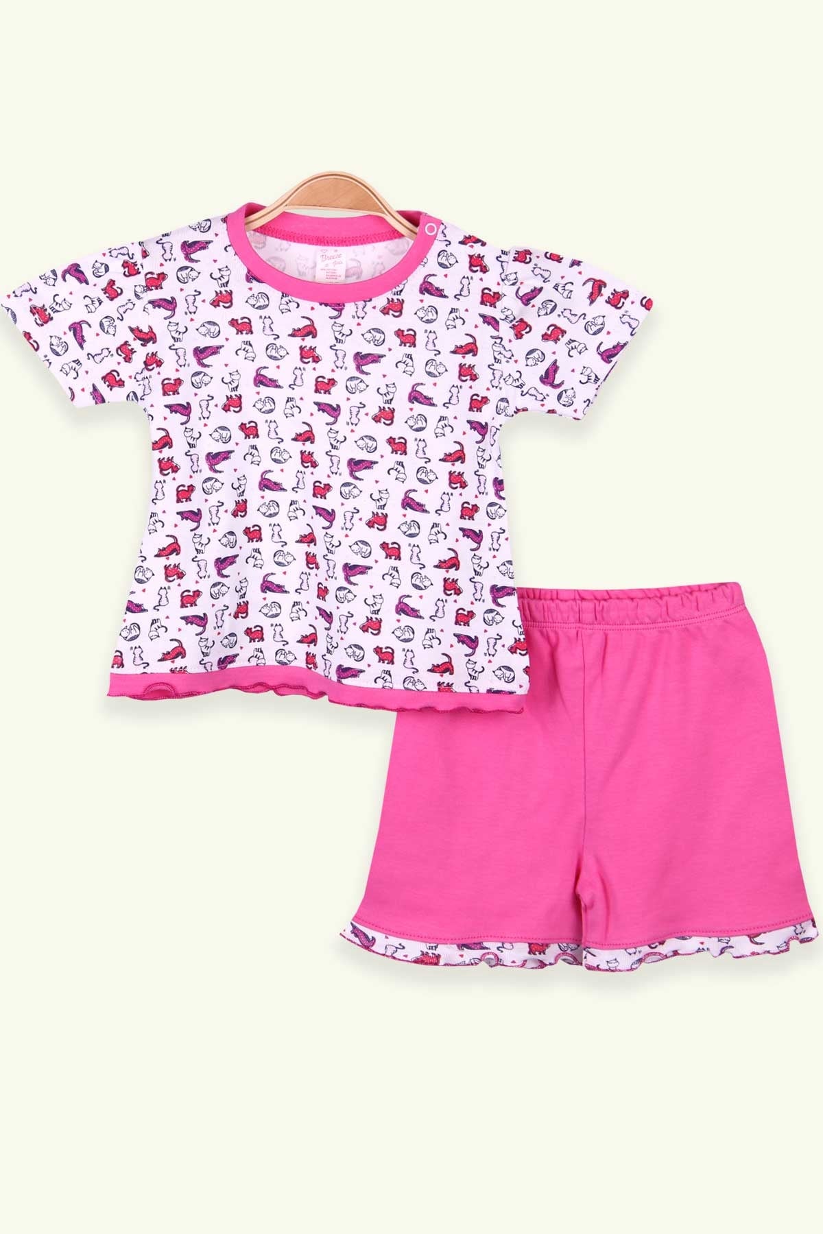 Breeze Kız Bebek Şortlu Takım Kedi Desenli Beyaz (0-3 Ay-9 Ay)