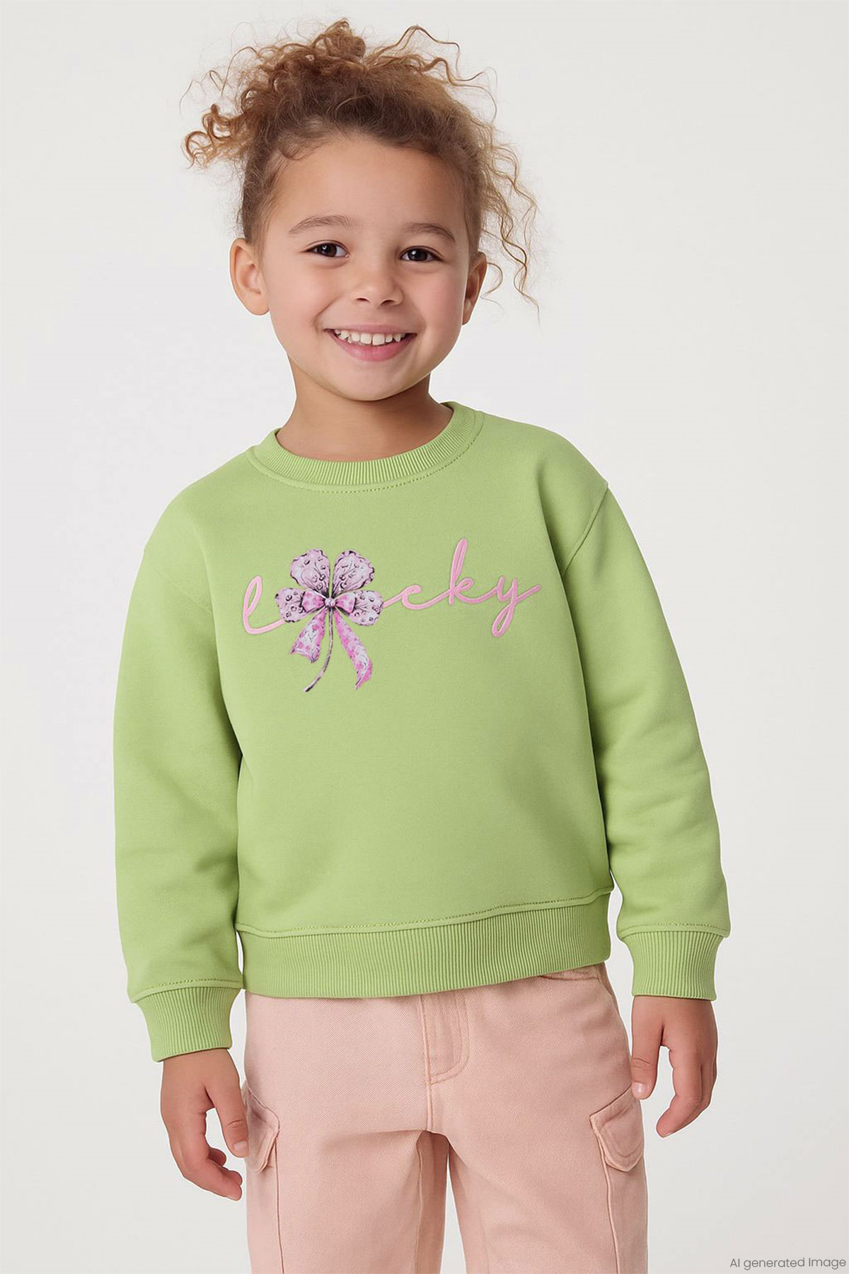 Breeze Kız Bebek Sweatshirt Fiyonklu Çiçek Baskılı Fıstık Yeşili (2 Yaş)