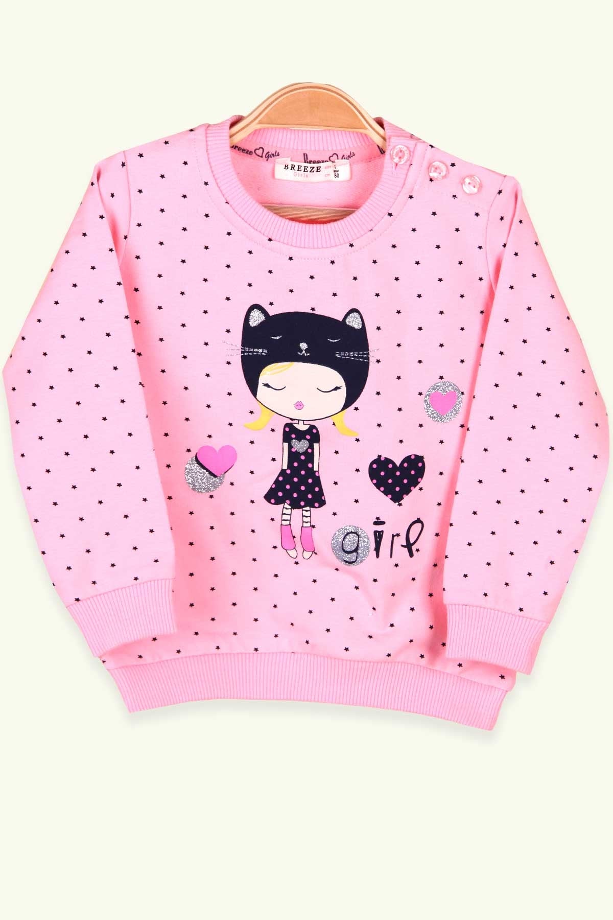 Breeze Kız Bebek Sweatshirt Kız Baskılı Simli Pudra (4 Ay-1.5 Yaş)