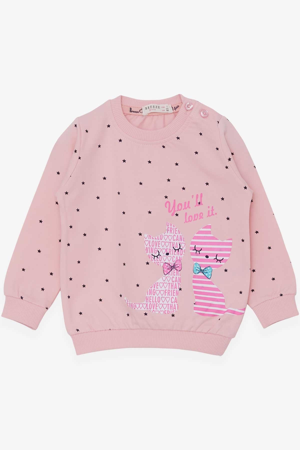 Breeze Kız Bebek Sweatshirt Mutlu Kedicikler Pudra (4 Ay-1.5 Yaş)