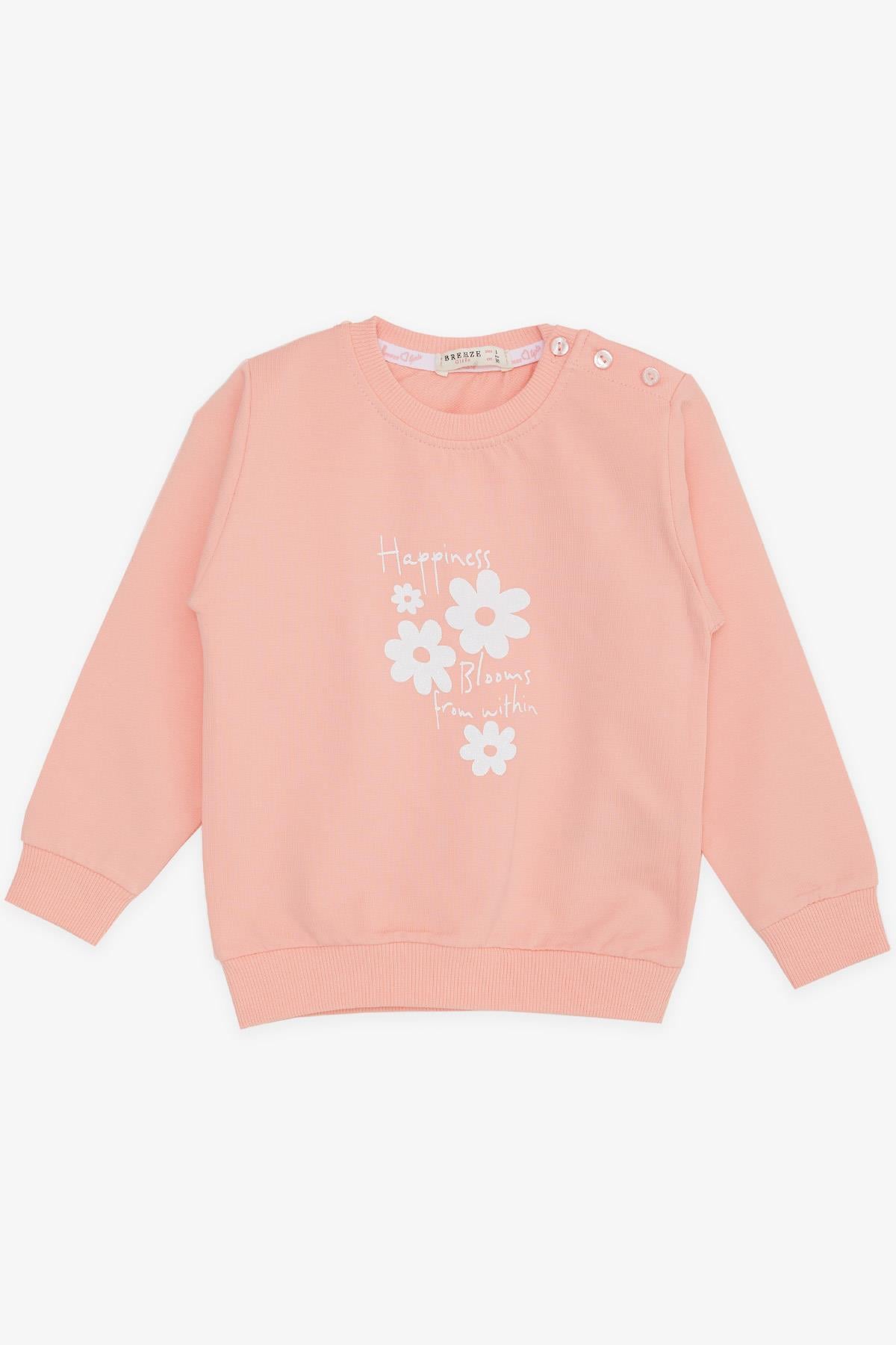 Breeze Kız Bebek Sweatshirt Simli Çiçek Baskılı Somon (9 Ay-3 Yaş)