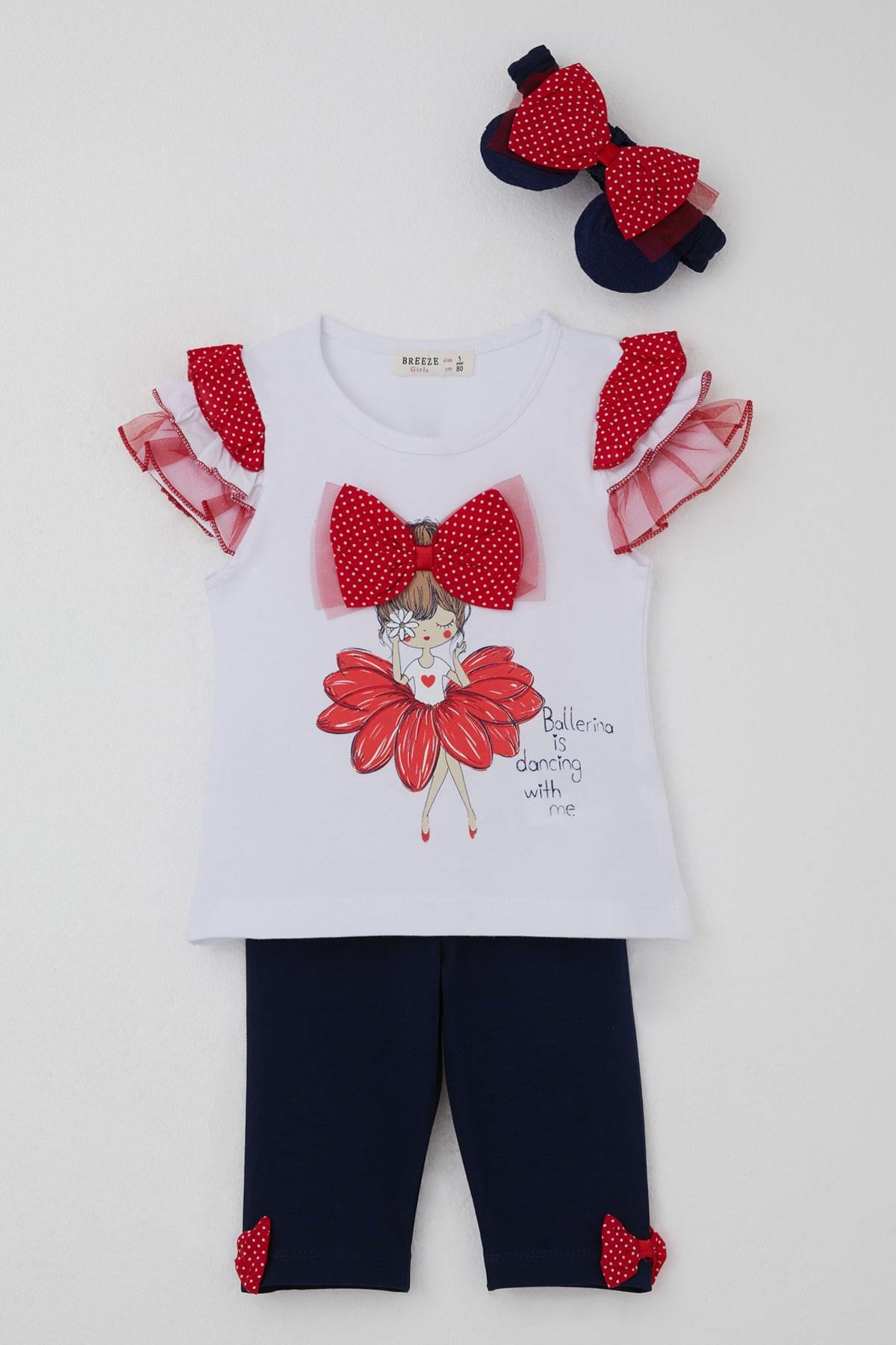 Breeze Kız Bebek Tayt Takım Balerin Baskılı Bandanalı Beyaz (6 Ay-2 Yaş)