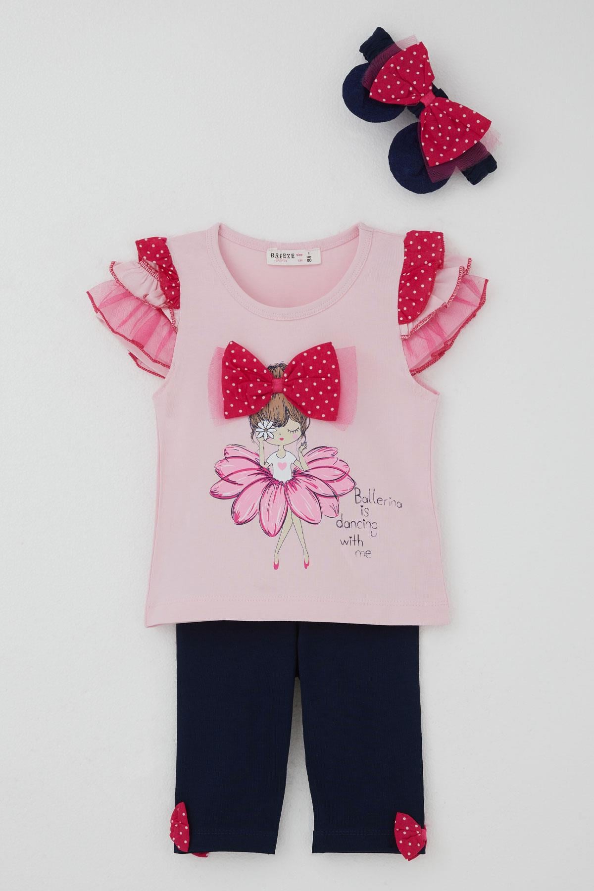 Breeze Kız Bebek Tayt Takım Balerin Baskılı Bandanalı Pudra (6 Ay-2 Yaş)