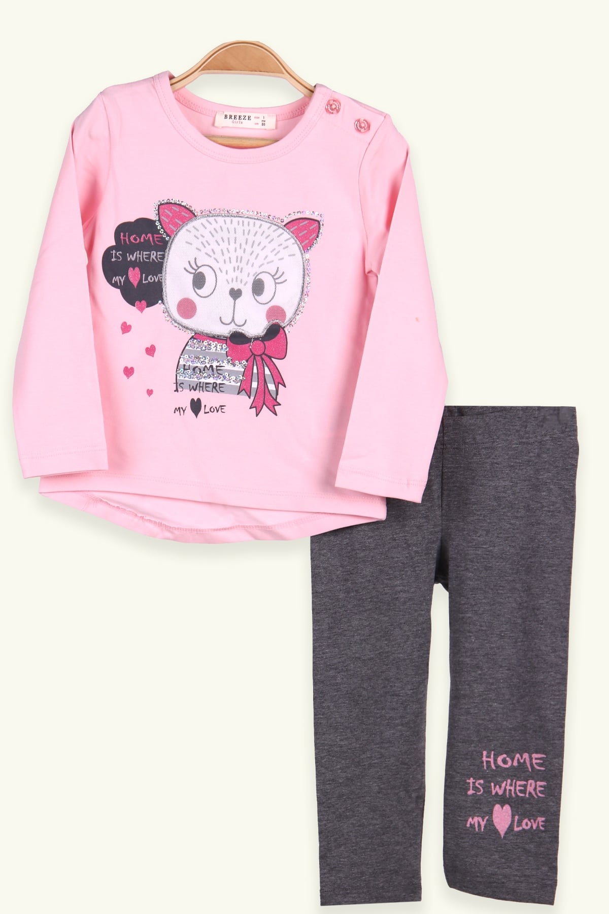 Breeze Kız Bebek Tayt Takım Kedili Pembe-Gri (1-4 Yaş)