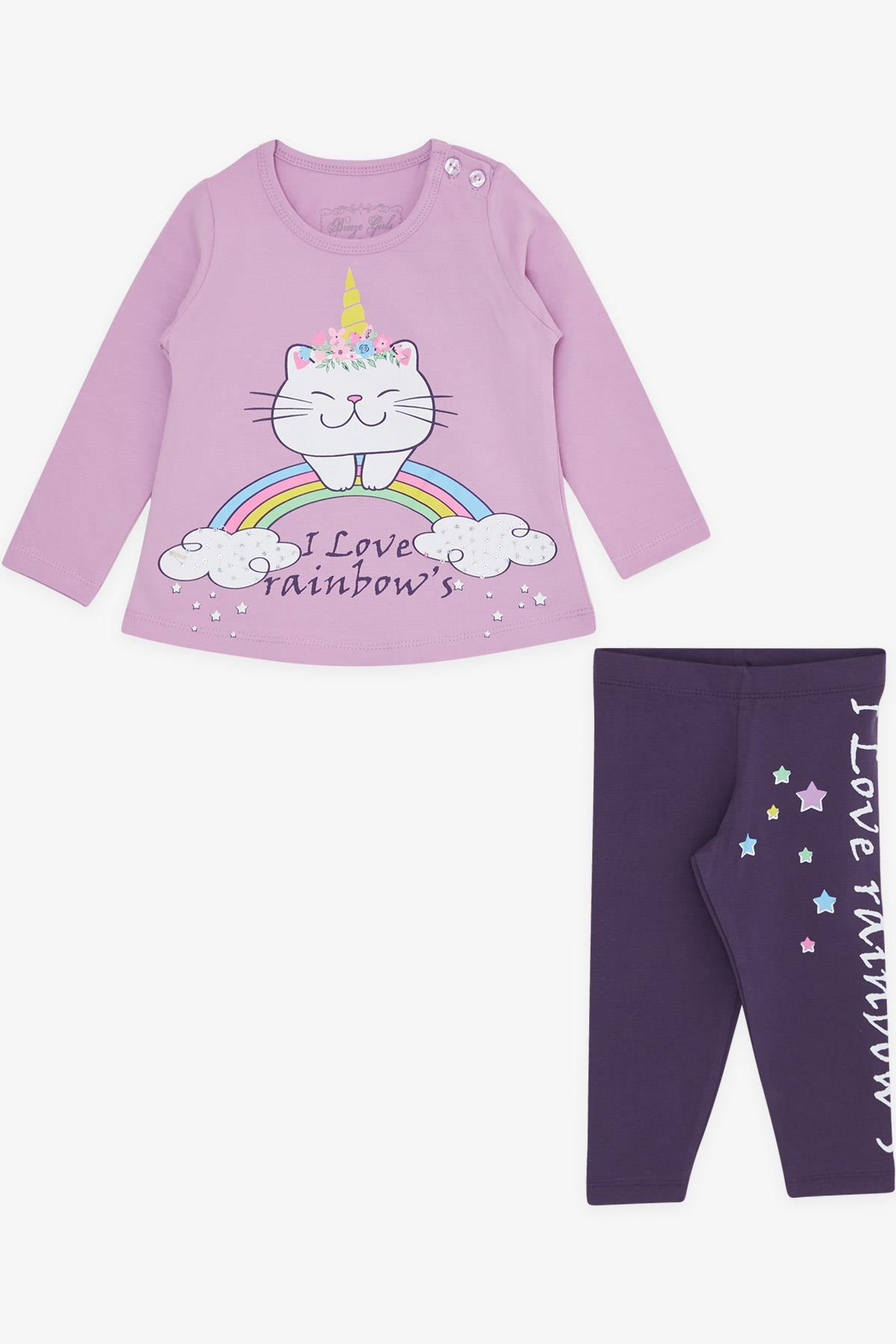 Breeze Kız Bebek Taytlı Takım Baskılı Kedili Eflatun (1 Yaş)