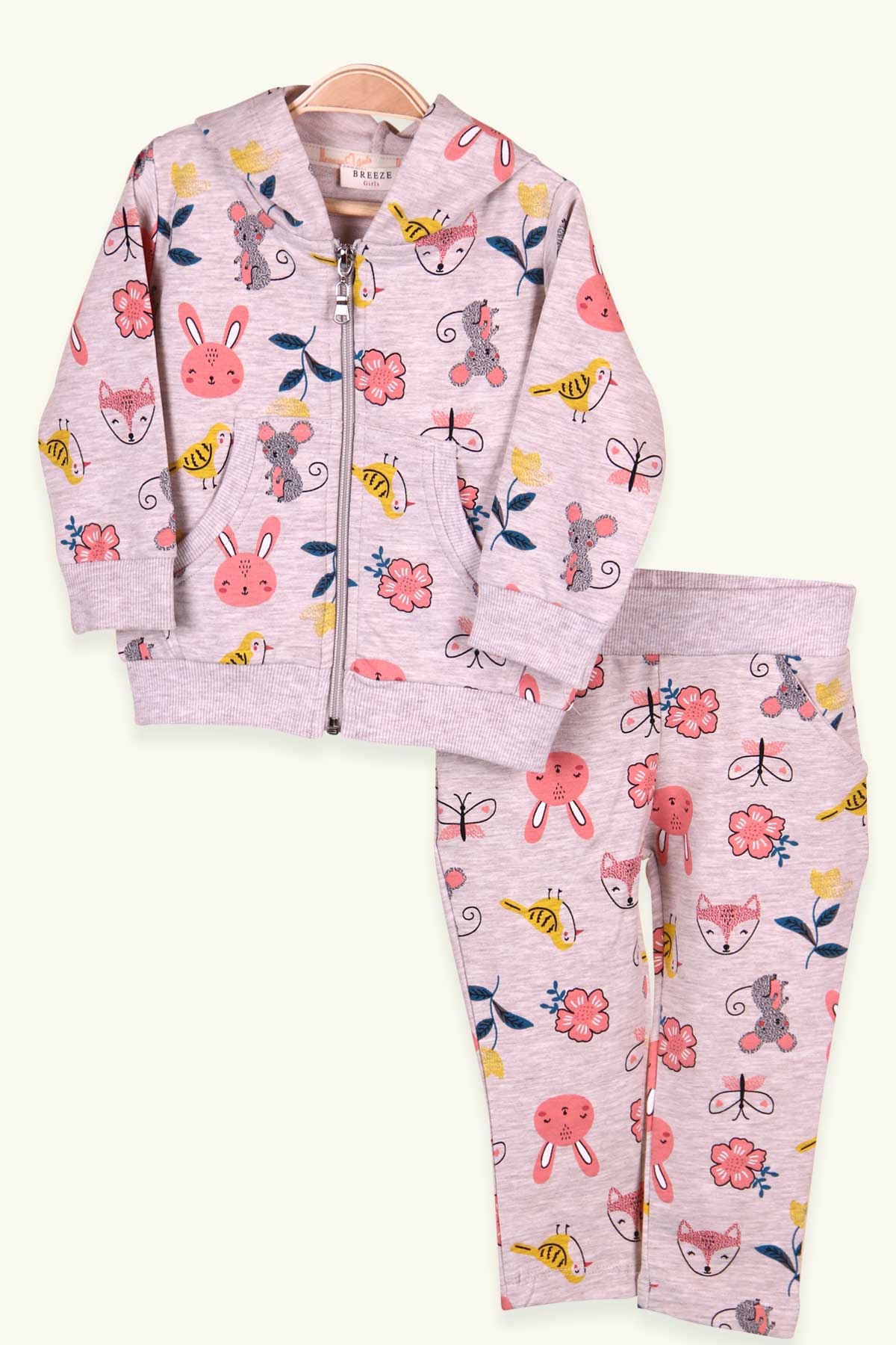Breeze Kız Bebek Taytlı Takım Baskılı Kanguru Cepli Bej (9 Ay-3 Yaş)