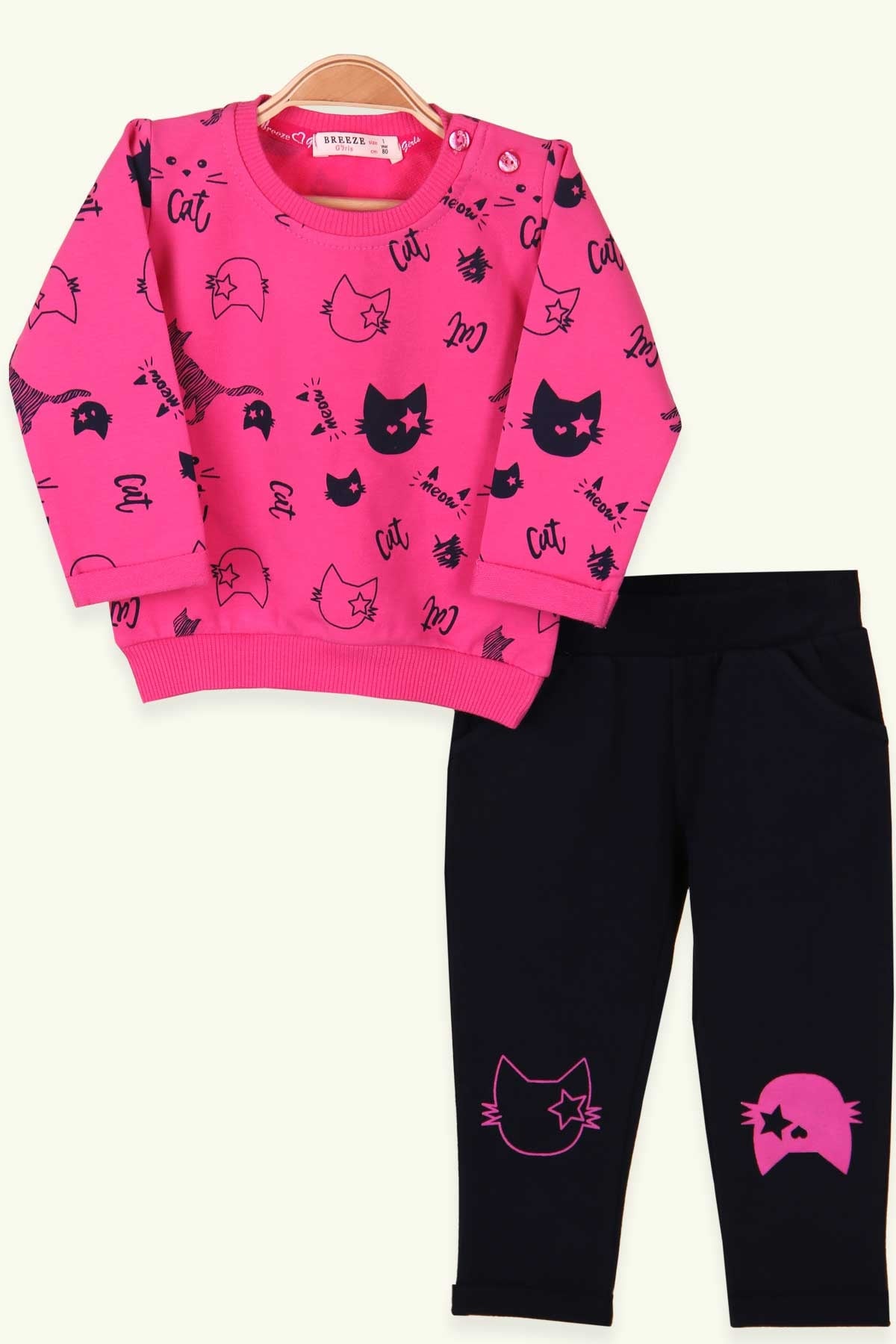Breeze Kız Bebek Taytlı Takım Cepli Kedi Baskılı Pembe (6 Ay-2 Yaş)