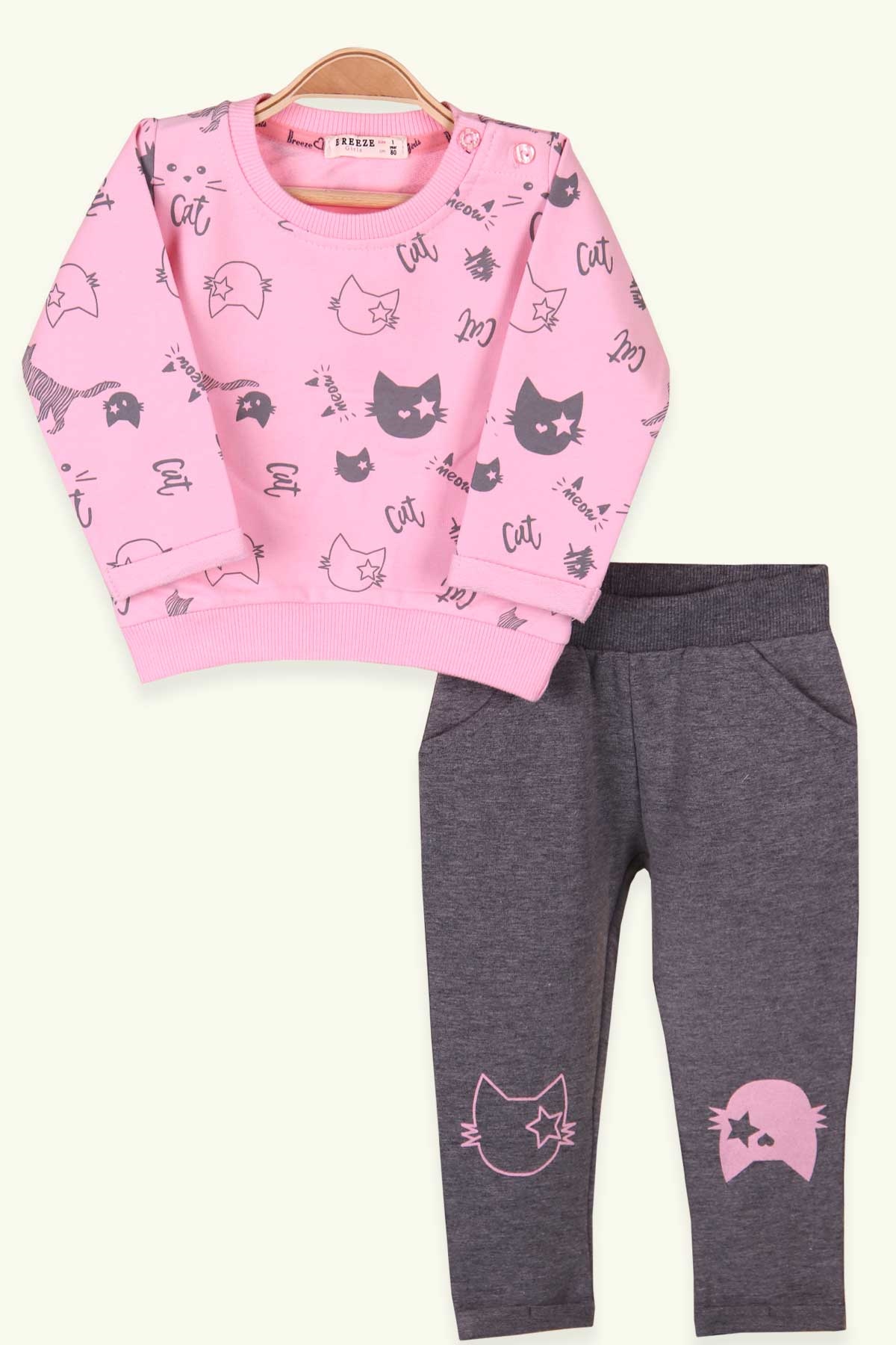Breeze Kız Bebek Taytlı Takım Cepli Kedi Baskılı Pudra (6 Ay-2 Yaş)