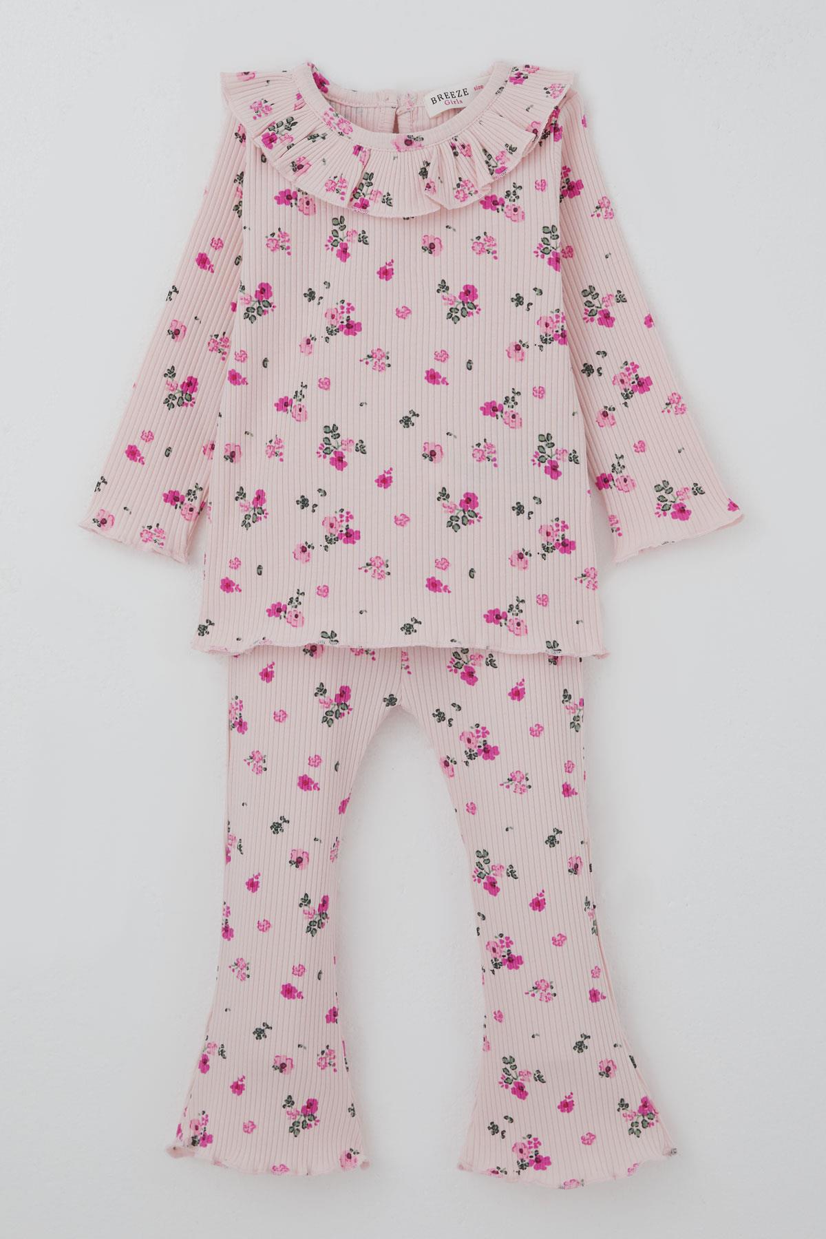 Breeze Kız Bebek Taytlı Takım Çiçek Desenli Yaka Kısmı Fırfır Detaylı Pudra (6 Ay-2 Yaş)