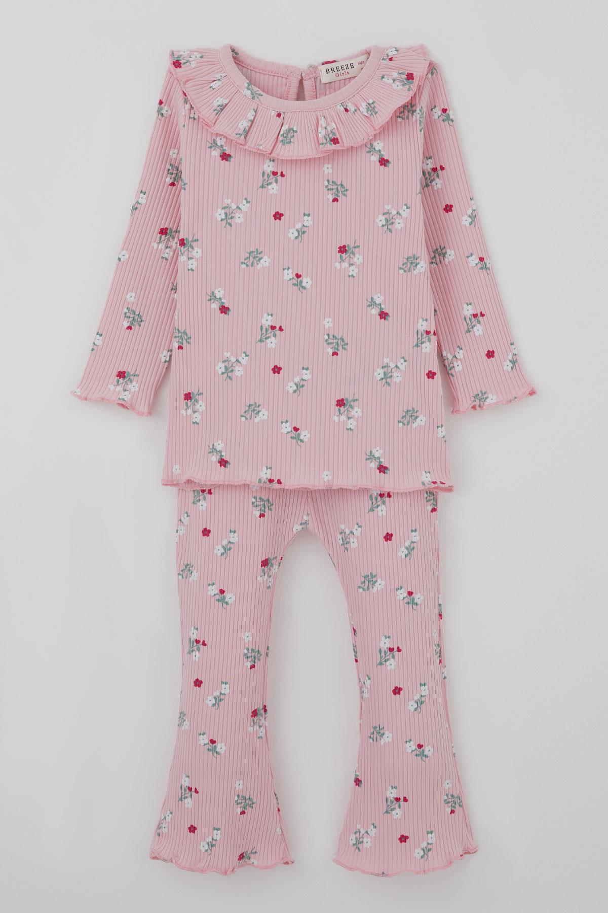 Breeze Kız Bebek Taytlı Takım Çiçek Desenli Yaka Kısmı Fırfır Detaylı Pembe (6 Ay-2 Yaş)