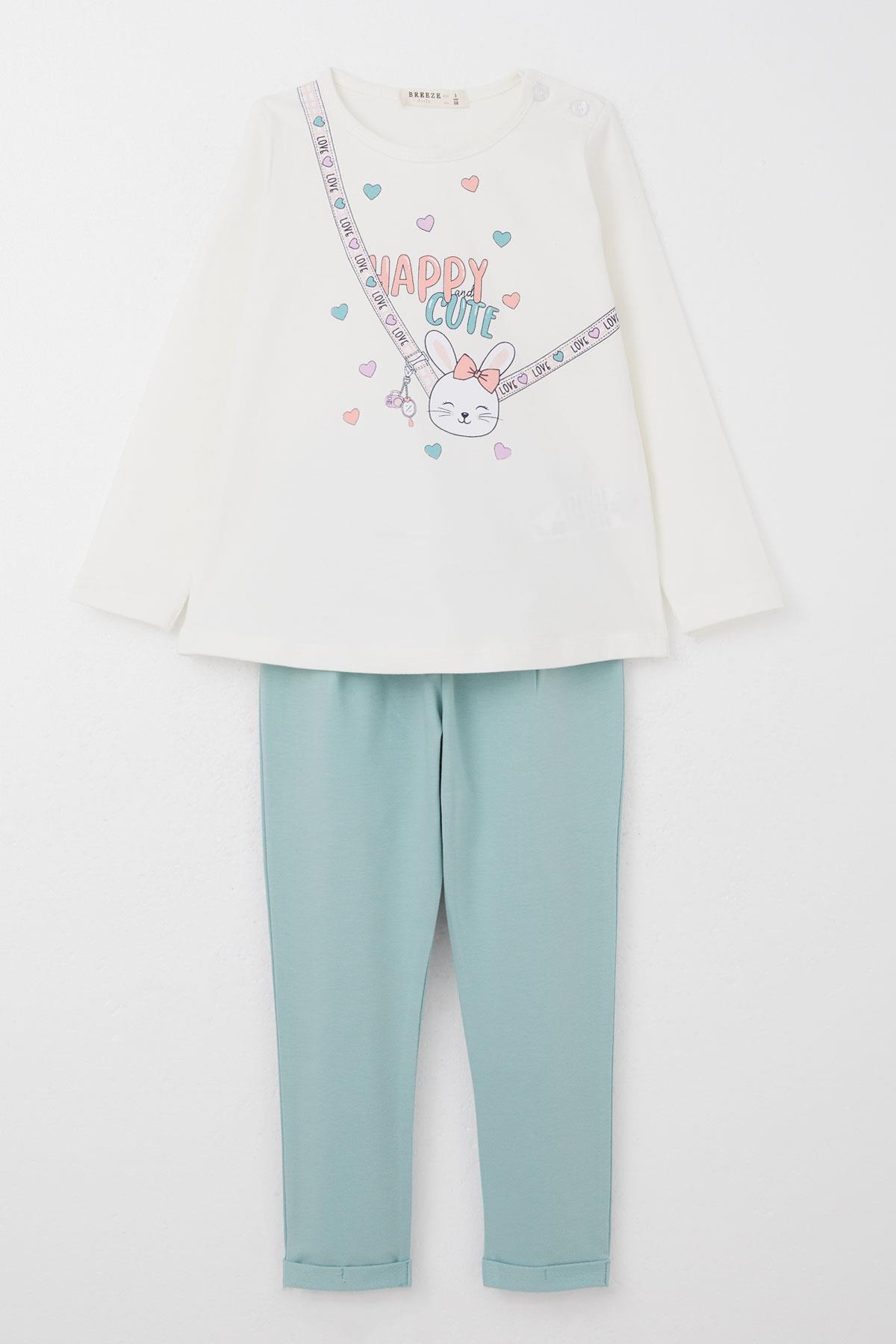 Breeze Kız Bebek Taytlı Takım Mutlu Tavşancık Baskılı Kalpli Ekru (9 Ay-3 Yaş)