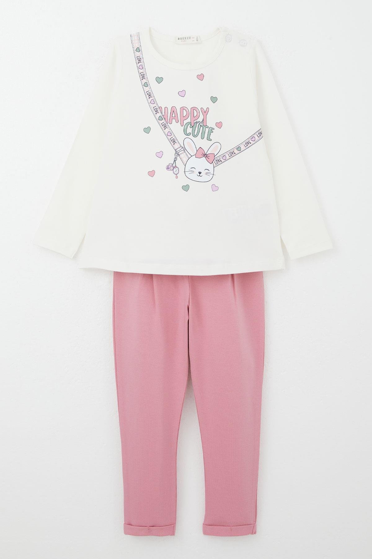 Breeze Kız Bebek Taytlı Takım Mutlu Tavşancık Baskılı Kalpli Ekru (9 Ay-3 Yaş)