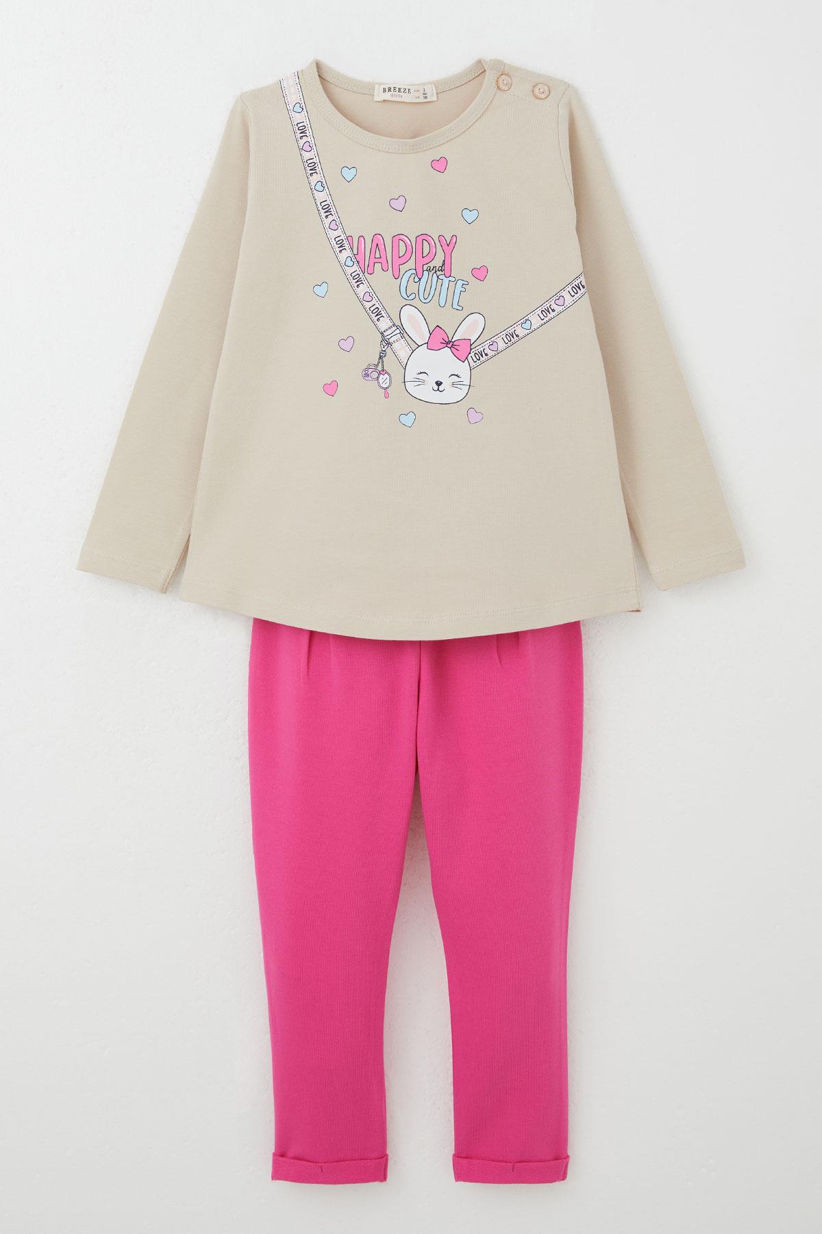 Breeze Kız Bebek Taytlı Takım Mutlu Tavşancık Baskılı Kalpli Bej (9 Ay-3 Yaş)