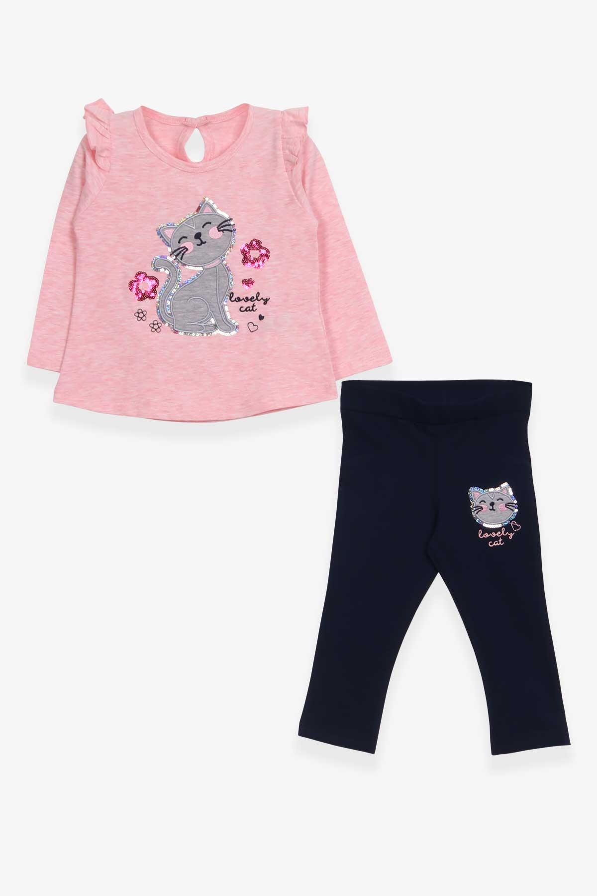 Breeze Kız Bebek Taytlı Takım Pullu Kedicik Baskılı Somon Melanj (9 Ay-3 Yaş)