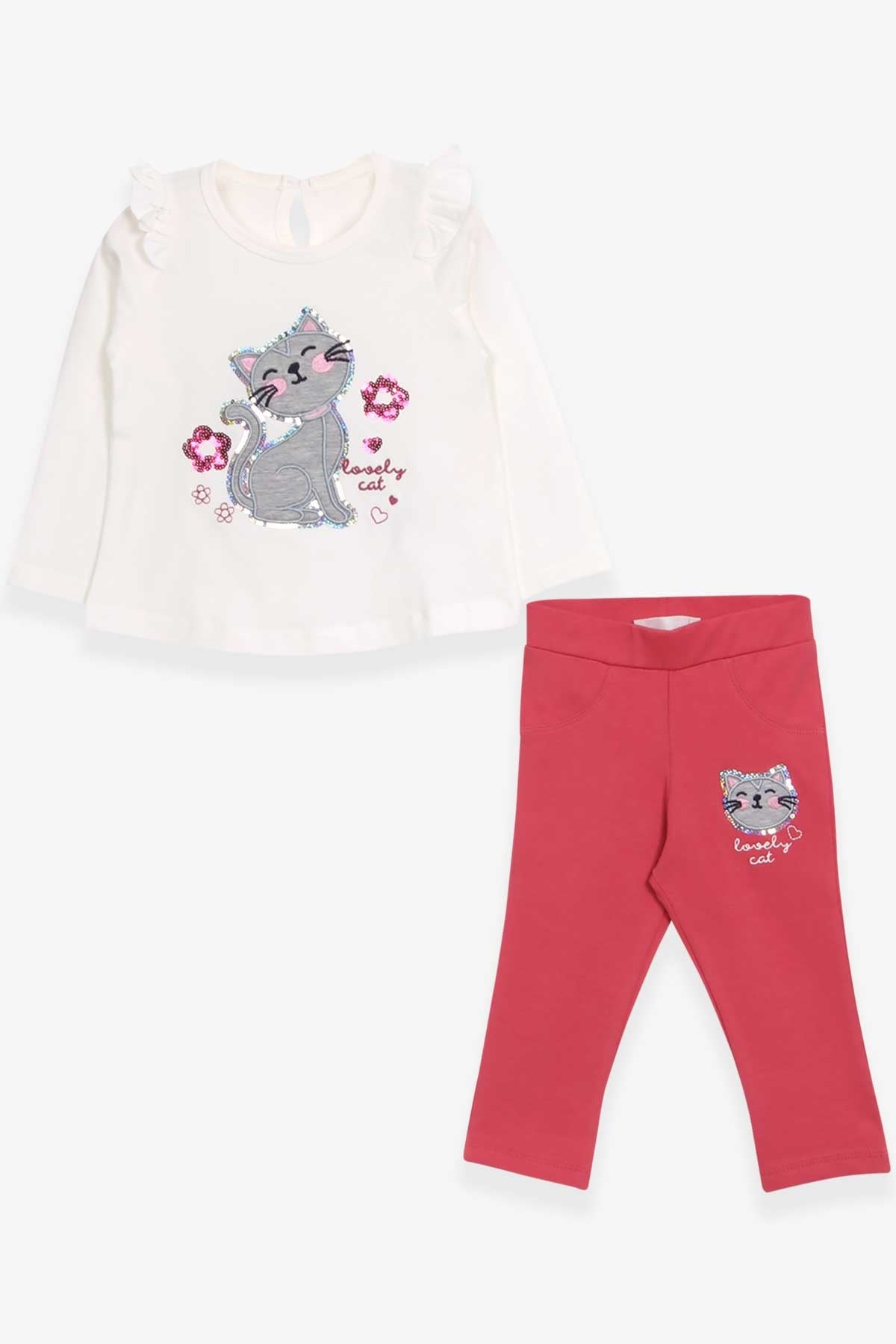 Breeze Kız Bebek Taytlı Takım Pullu Kedicik Baskılı Ekru (9 Ay-3 Yaş)