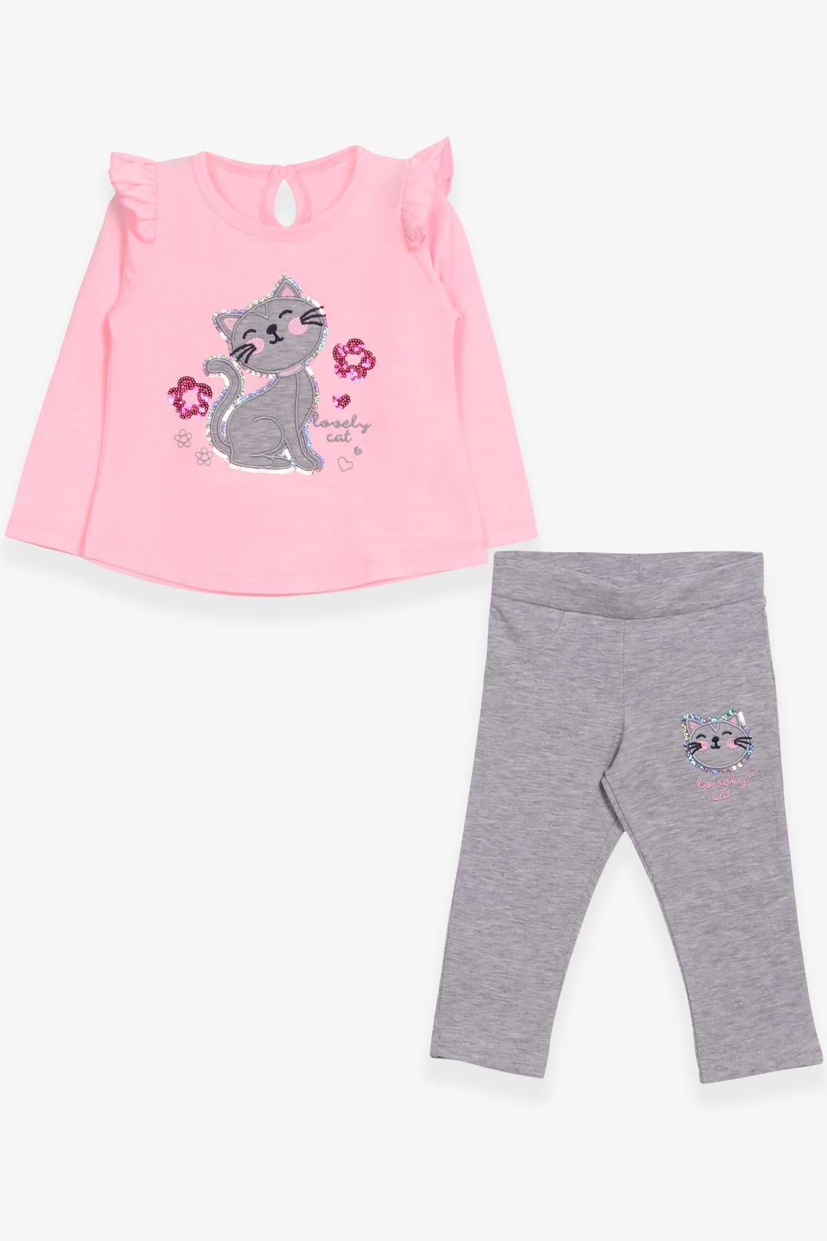 Breeze Kız Bebek Taytlı Takım Pullu Kedicik Baskılı Pudra (9 Ay-3 Yaş)
